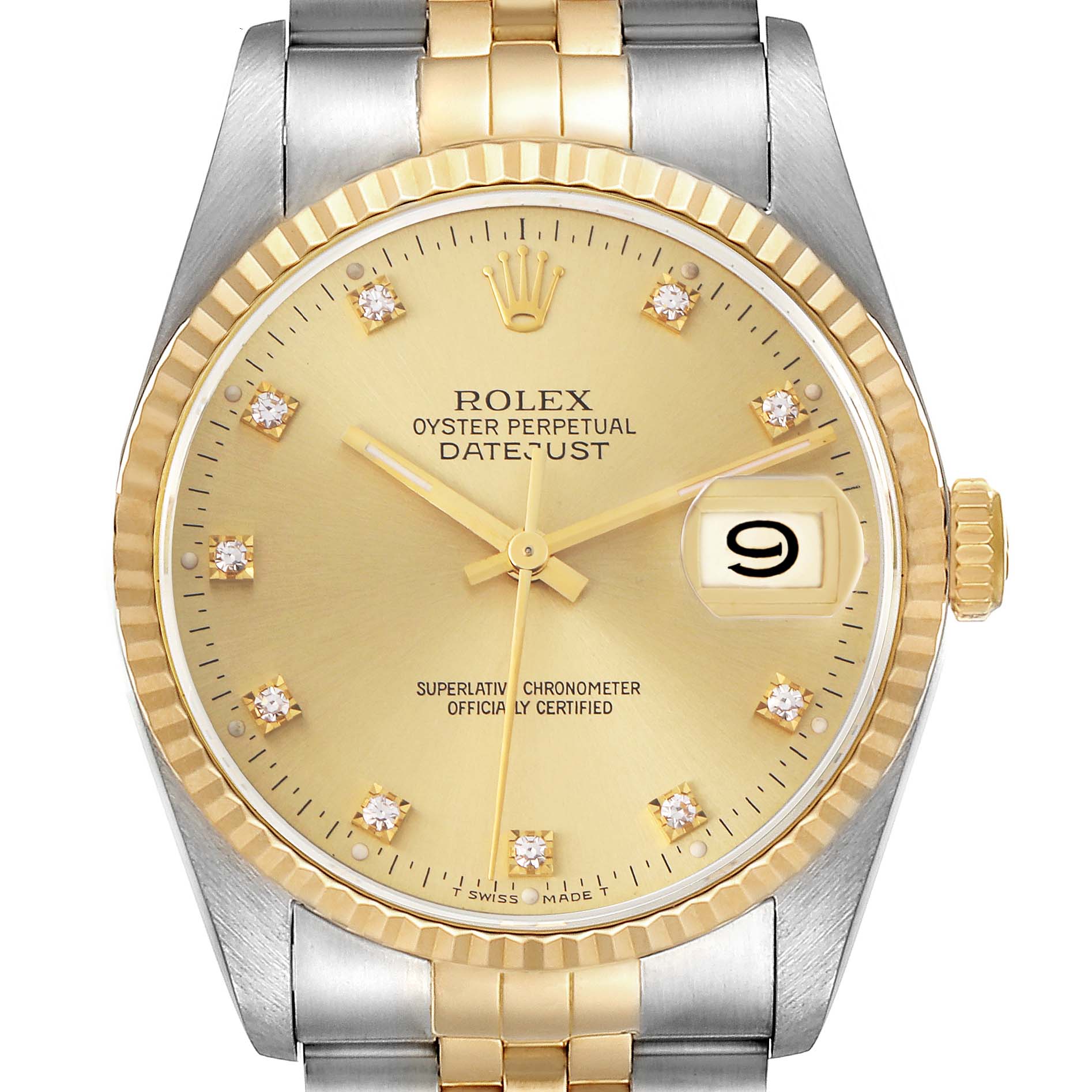 The Rolex Datejust 16233 Men
s Steel and Gold (two tone) Champagne Dial 16233 Men
s Steel and Gold (two tone) Champagne Dial watch is viewed from the front, showing the dial, bezel, crown, and part of the bracelet.