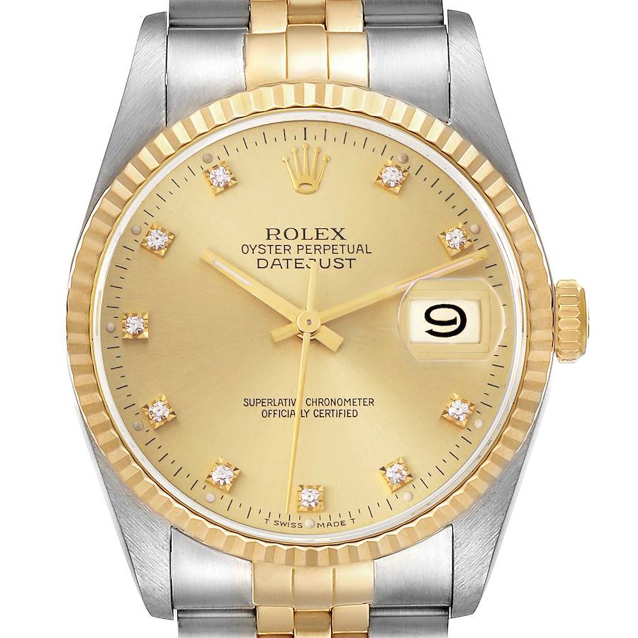 The Rolex Datejust watch is viewed from the front, showing the dial, bezel, crown, and part of the bracelet.
