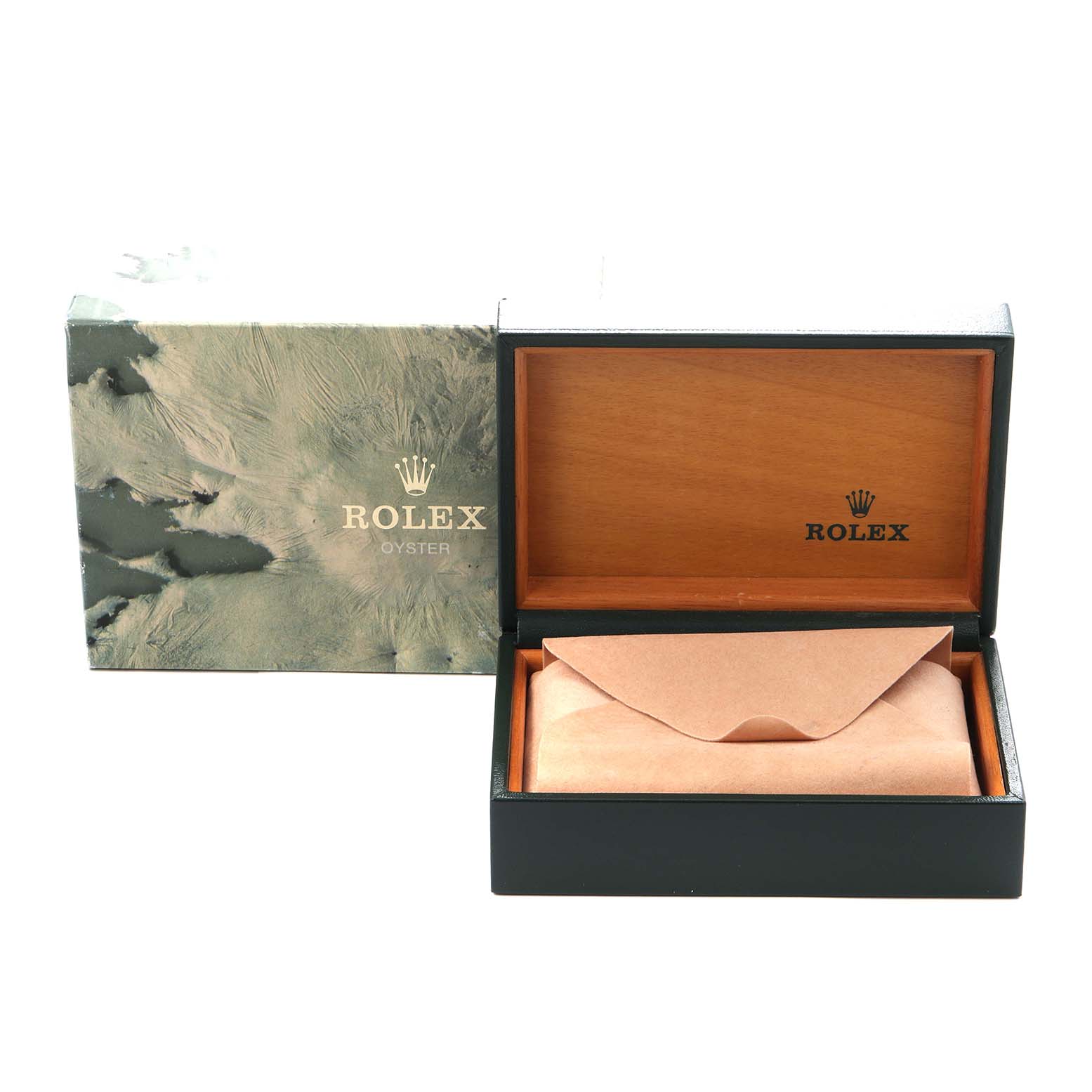 The image shows a Rolex Datejust 16233 Men
s Steel and Gold (two tone) Champagne Dial 16233 Men
s Steel and Gold (two tone) Champagne Dial box set, with an open wooden box and an outer cardboard cover both featuring the Rolex branding.