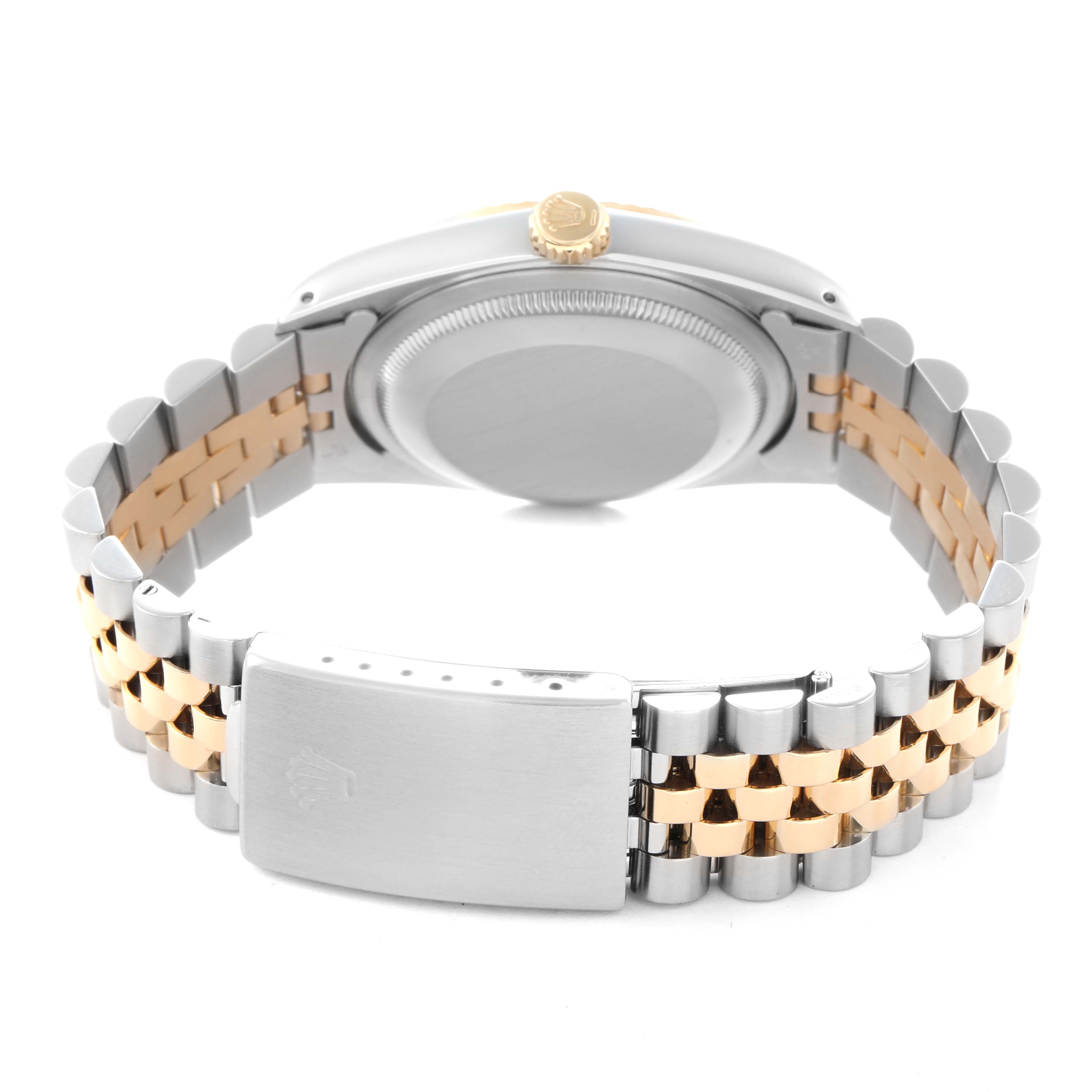 The image shows the back of a Rolex Datejust 16233 Men
s Steel and Gold (two tone) Champagne Dial 16233 Men
s Steel and Gold (two tone) Champagne Dial watch, highlighting the case back, crown, and Jubilee bracelet.