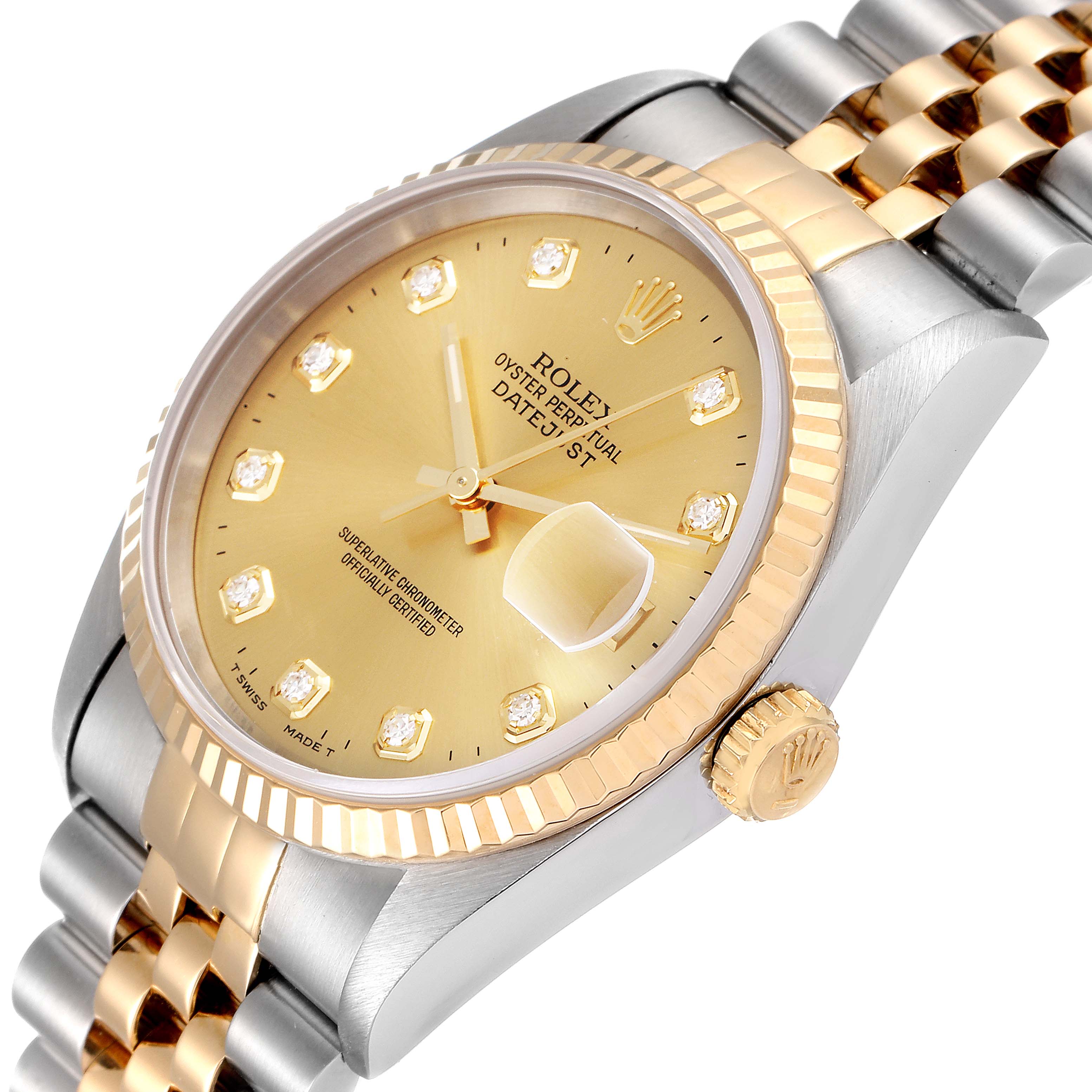 This Rolex Datejust 16233 Men's Steel and Gold (two tone) Champagne Dial 16233 Men's Steel and Gold (two tone) Champagne Dial watch is shown at an angled view highlighting its gold dial, fluted bezel, crown, and two-tone bracelet.