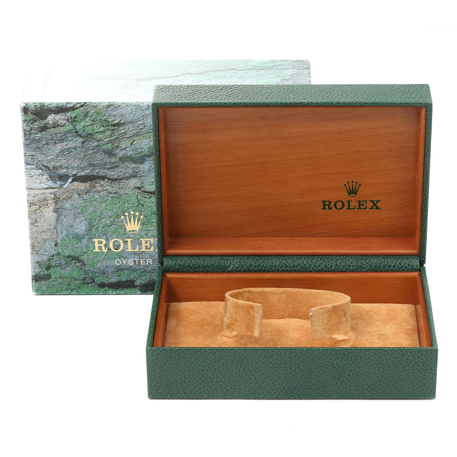 The image shows an open Rolex Datejust 16233 Men's Steel and Gold (two tone) Champagne Dial 16233 Men's Steel and Gold (two tone) Champagne Dial watch box with a green exterior and beige interior.