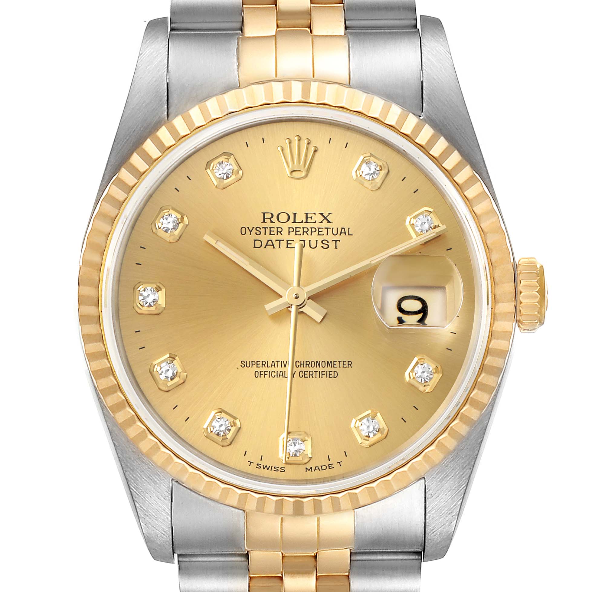 This image shows a front view of a Rolex Datejust 16233 Men's Steel and Gold (two tone) Champagne Dial 16233 Men's Steel and Gold (two tone) Champagne Dial watch, highlighting its dial, bezel, and bracelet.