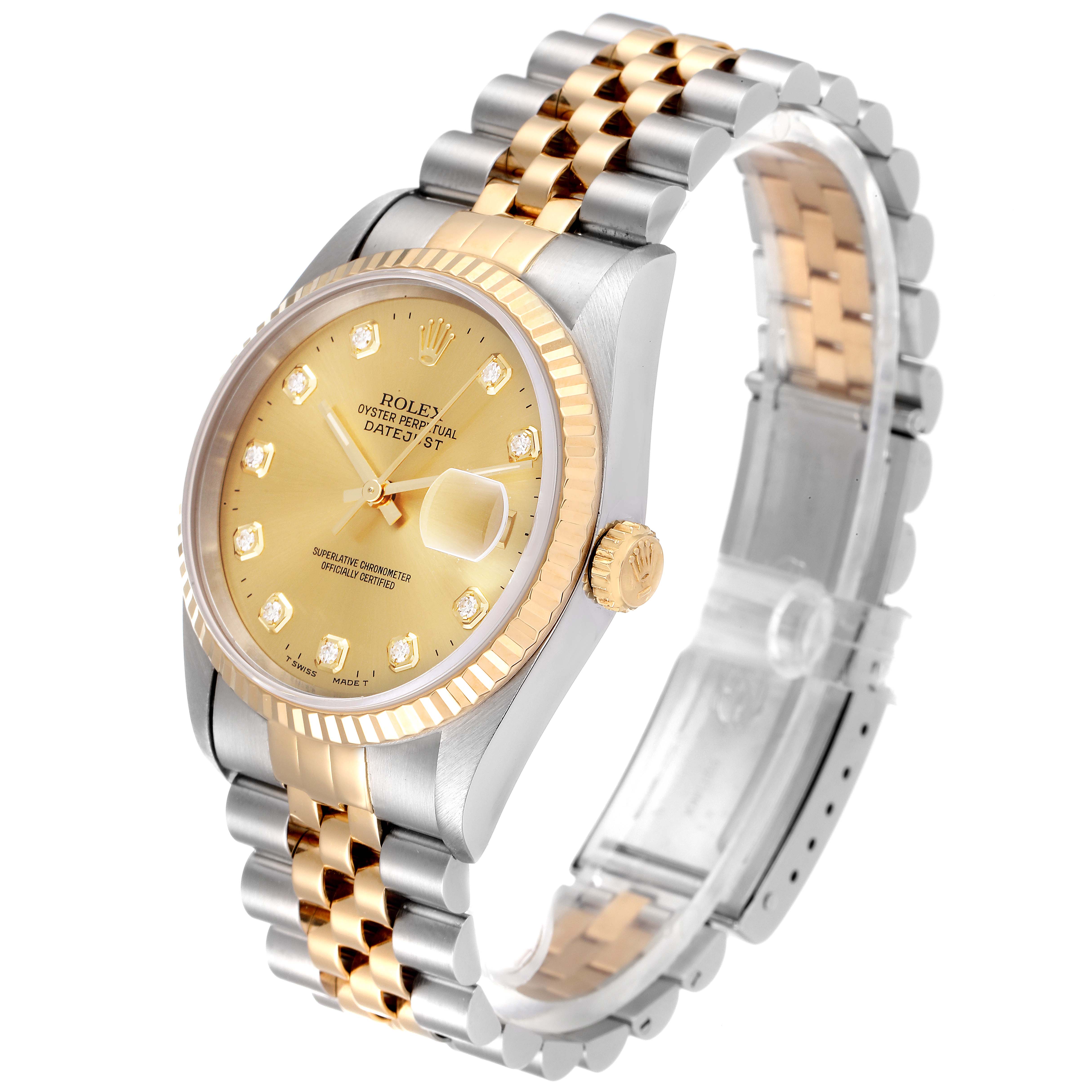 This image shows a Rolex Datejust 16233 Men's Steel and Gold (two tone) Champagne Dial 16233 Men's Steel and Gold (two tone) Champagne Dial watch angled to display the dial, crown, fluted bezel, and Jubilee bracelet.