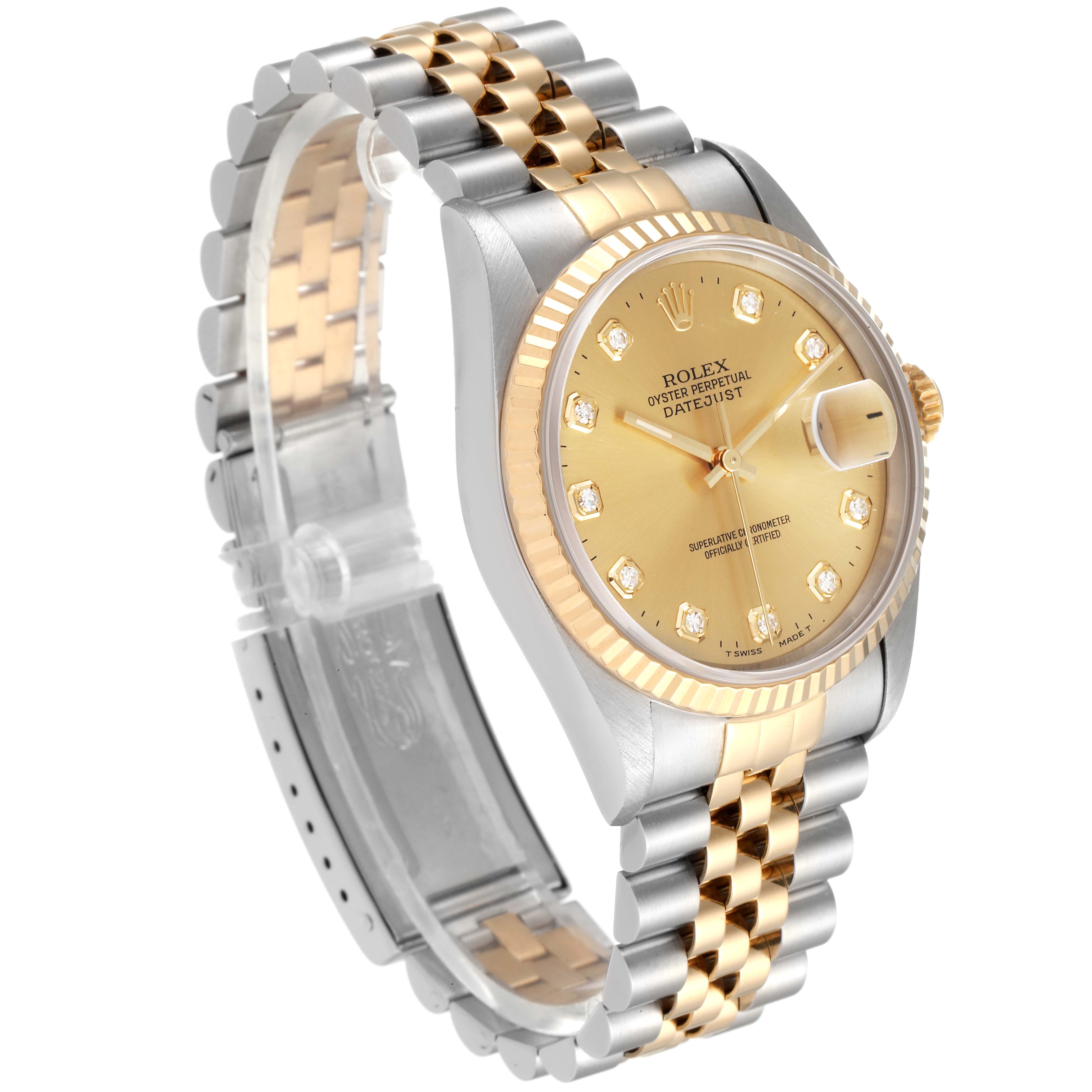 The image shows a Rolex Datejust 16233 Men's Steel and Gold (two tone) Champagne Dial 16233 Men's Steel and Gold (two tone) Champagne Dial watch angled to display the face, bezel, crown, and part of the bracelet.