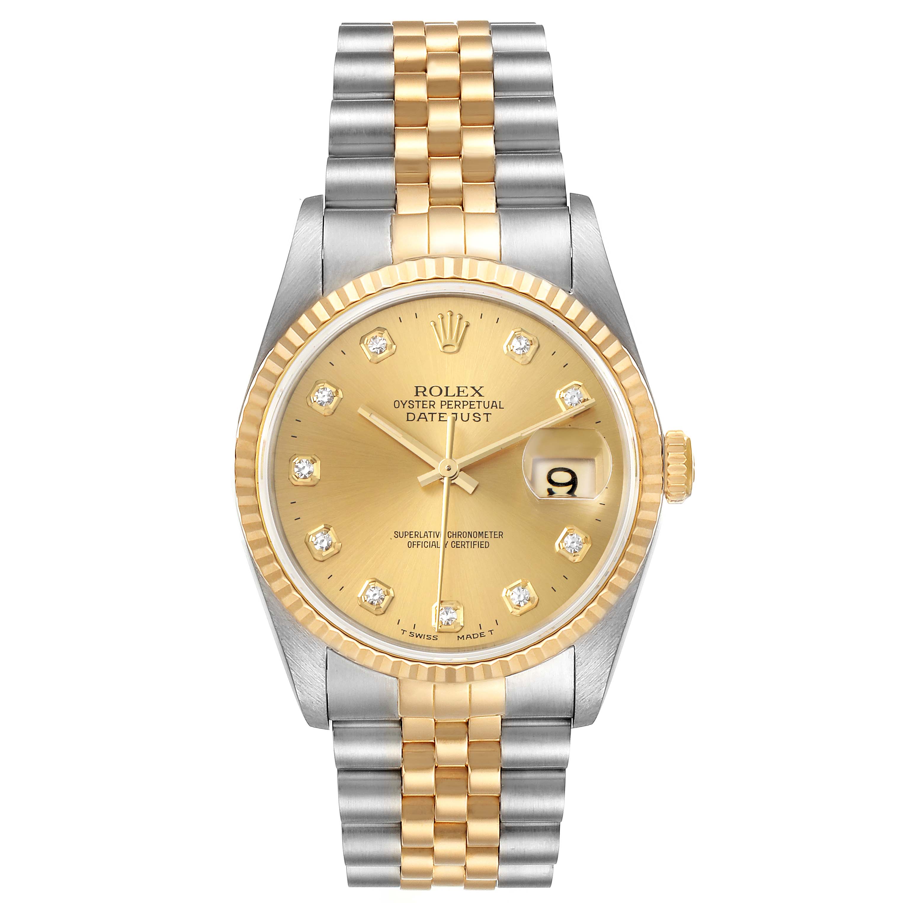 This Rolex Datejust 16233 Men's Steel and Gold (two tone) Champagne Dial 16233 Men's Steel and Gold (two tone) Champagne Dial watch is shown from a front angle, highlighting its dial, bezel, and two-tone metal bracelet.