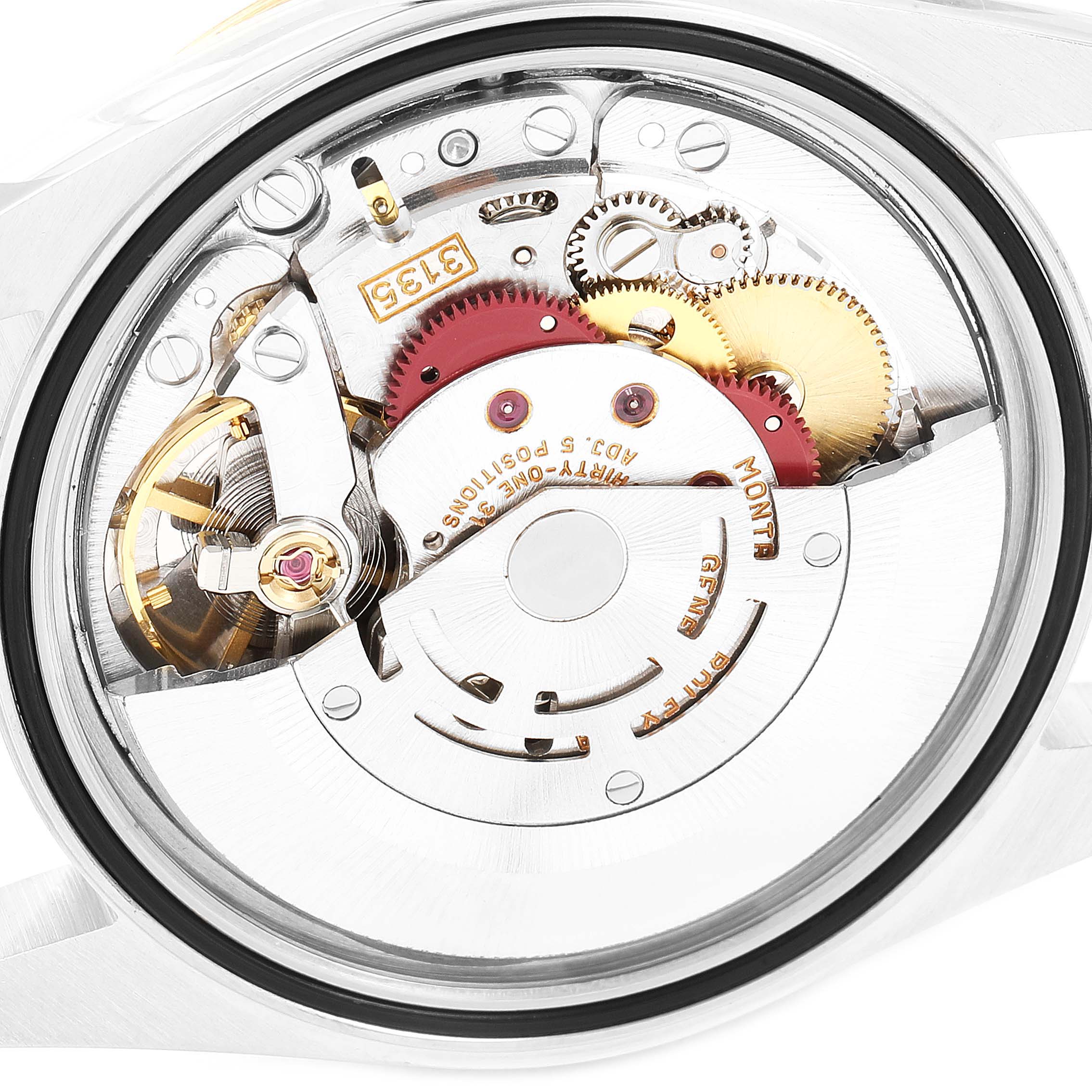 The image shows the movement and internal mechanics of the Rolex Datejust 16233 Men's Steel and Gold (two tone) Champagne Dial 16233 Men's Steel and Gold (two tone) Champagne Dial watch from a back angle.