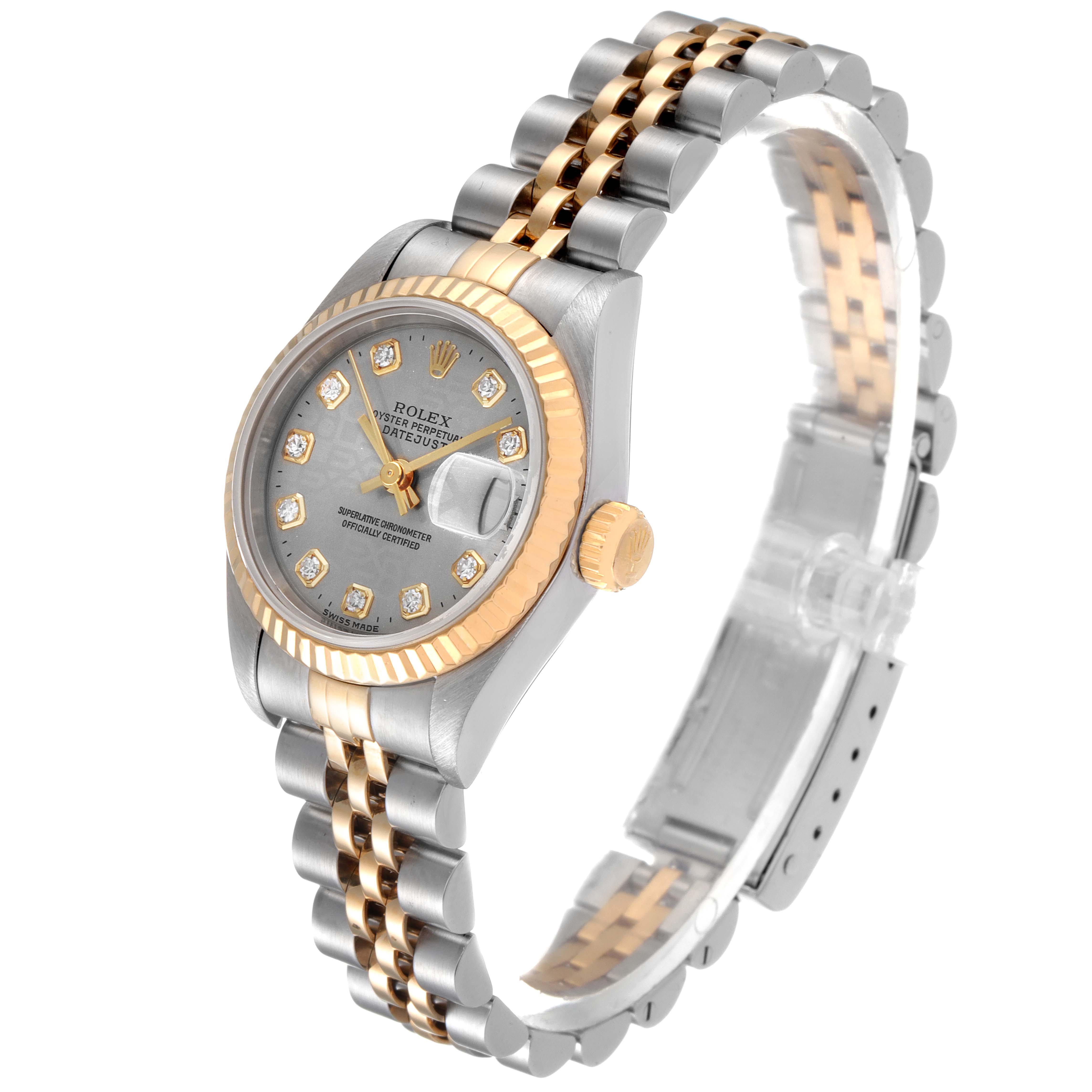 This image shows a Rolex Datejust 69173 Women's Stainless Steel Grey Dial 69173 Women's Stainless Steel Grey Dial watch at a three-quarter angle, displaying the dial, bezel, crown, and bracelet.