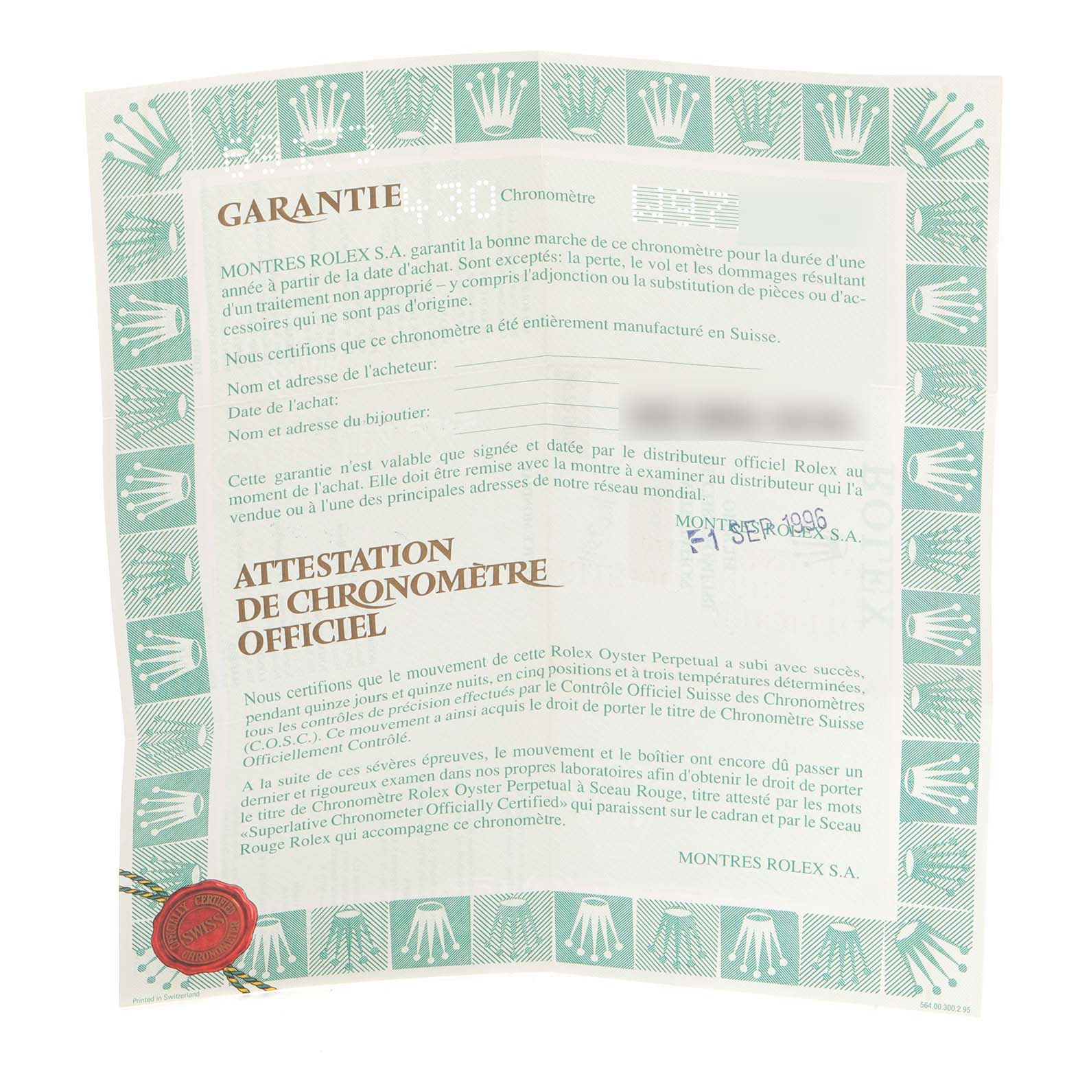 This image shows the warranty certificate for a Rolex Datejust 69173 Women's Stainless Steel Grey Dial 69173 Women's Stainless Steel Grey Dial watch.