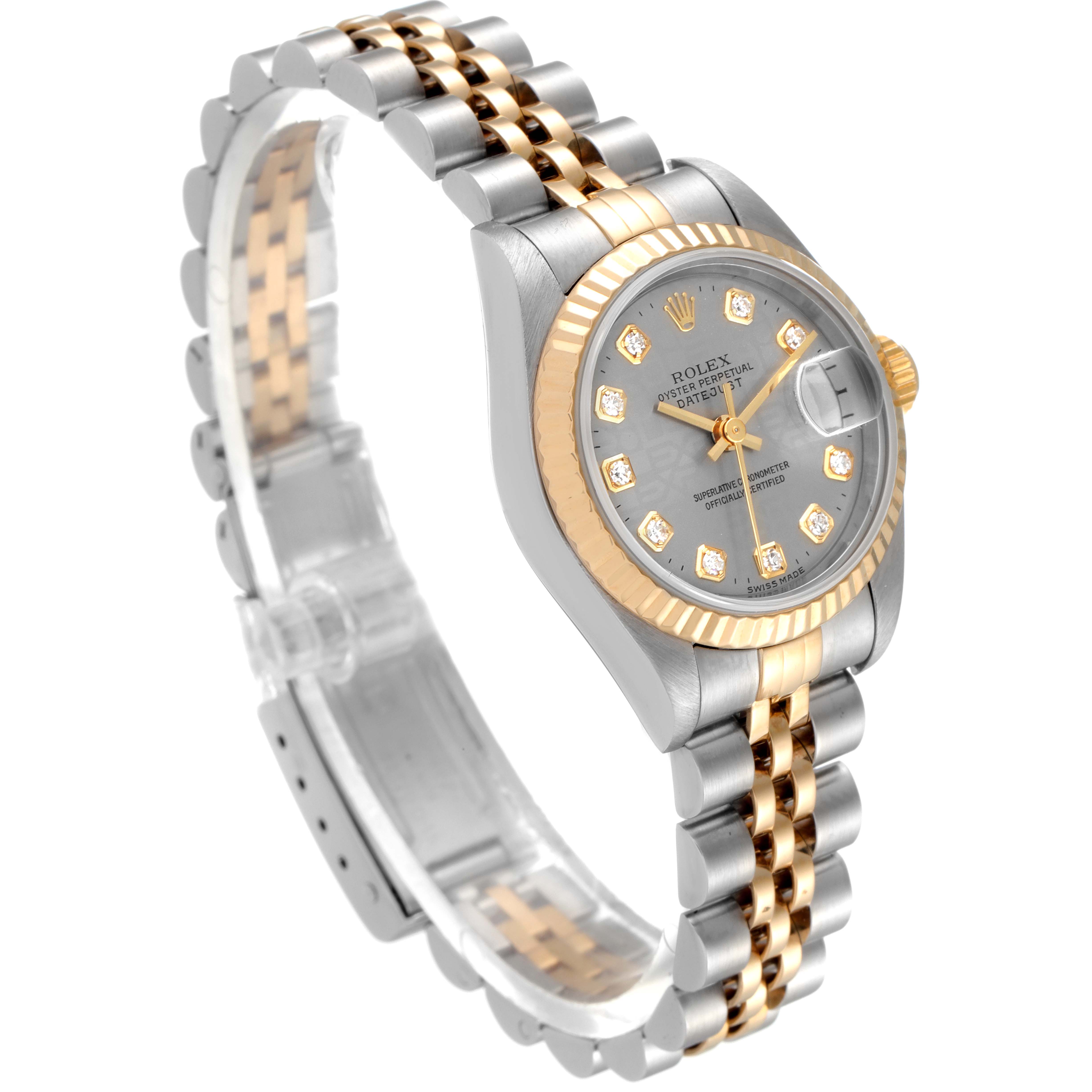 The image shows a Rolex Datejust 69173 Women's Stainless Steel Grey Dial 69173 Women's Stainless Steel Grey Dial watch at a 3/4 angle, highlighting its two-tone bracelet and diamond hour markers.
