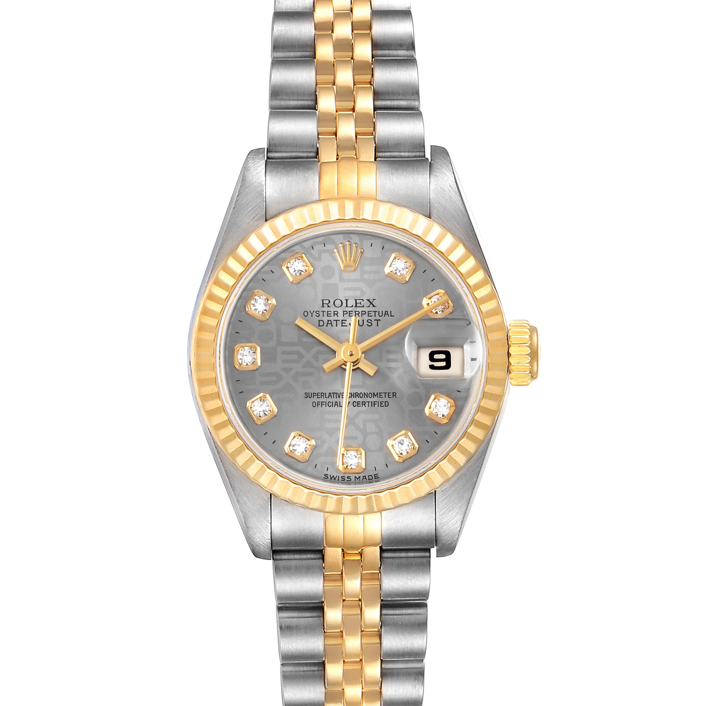 The image shows a front view of the Rolex Datejust 69173 Women's Stainless Steel Grey Dial 69173 Women's Stainless Steel Grey Dial model, highlighting its gold and silver bracelet, fluted bezel, and date display.