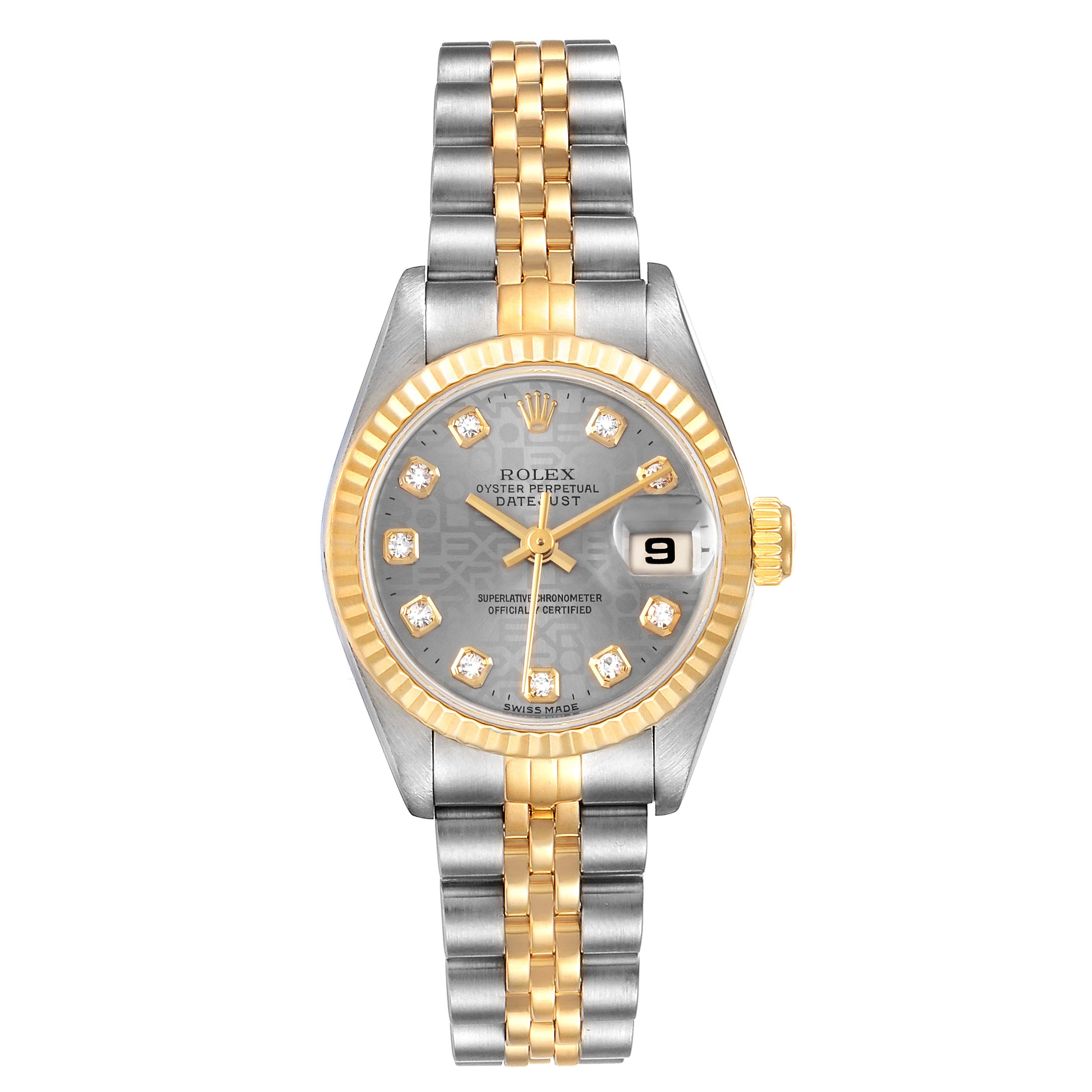 The image shows a front view of a Rolex Datejust 69173 Women's Stainless Steel Grey Dial 69173 Women's Stainless Steel Grey Dial watch with a two-tone bracelet and a diamond-studded dial.