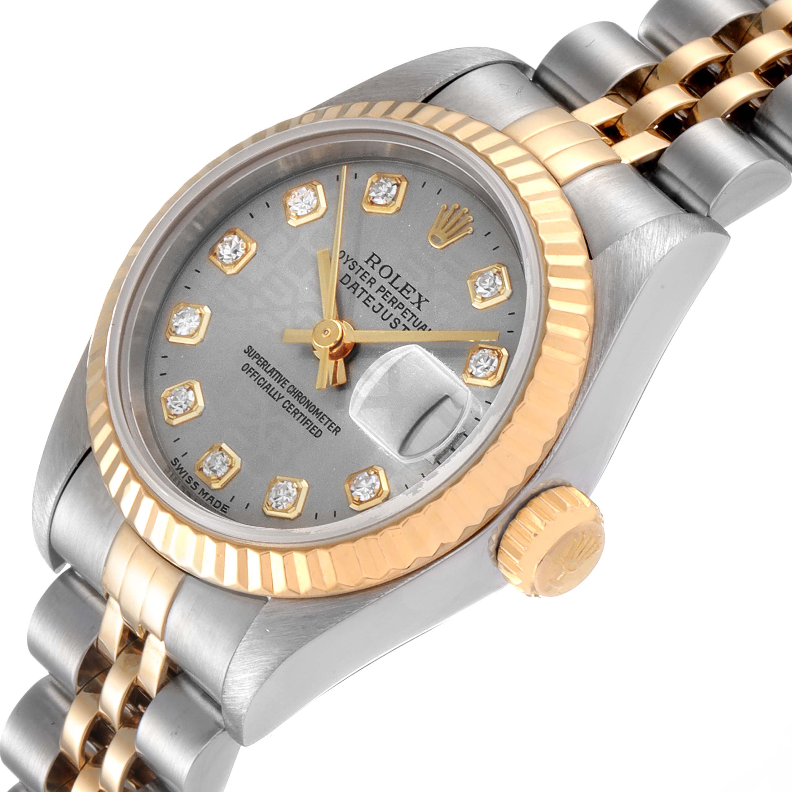 The Rolex Datejust 69173 Women's Stainless Steel Grey Dial 69173 Women's Stainless Steel Grey Dial watch is shown at a slight angle, highlighting the dial, crown, and part of the bracelet.