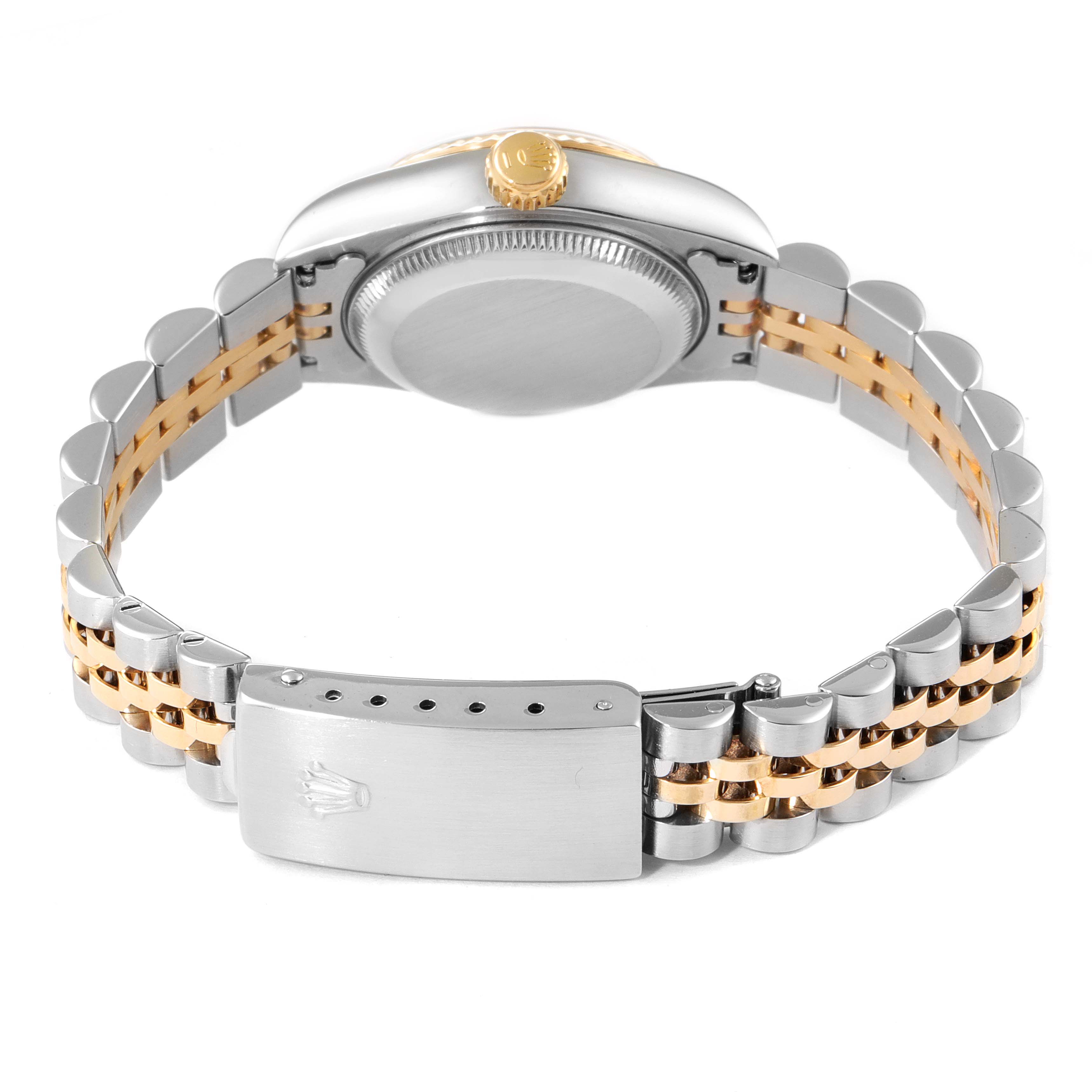 This image shows the back view of a Rolex Datejust 69173 Women's Stainless Steel Grey Dial 69173 Women's Stainless Steel Grey Dial watch, highlighting its case back, crown, and bracelet clasp.