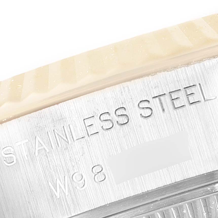 This image shows a close-up of the side of a Rolex Datejust 69173 Women's Steel and Gold (two tone) White Dial 69173 Women's Steel and Gold (two tone) White Dial watch, specifically highlighting the stainless steel marking.