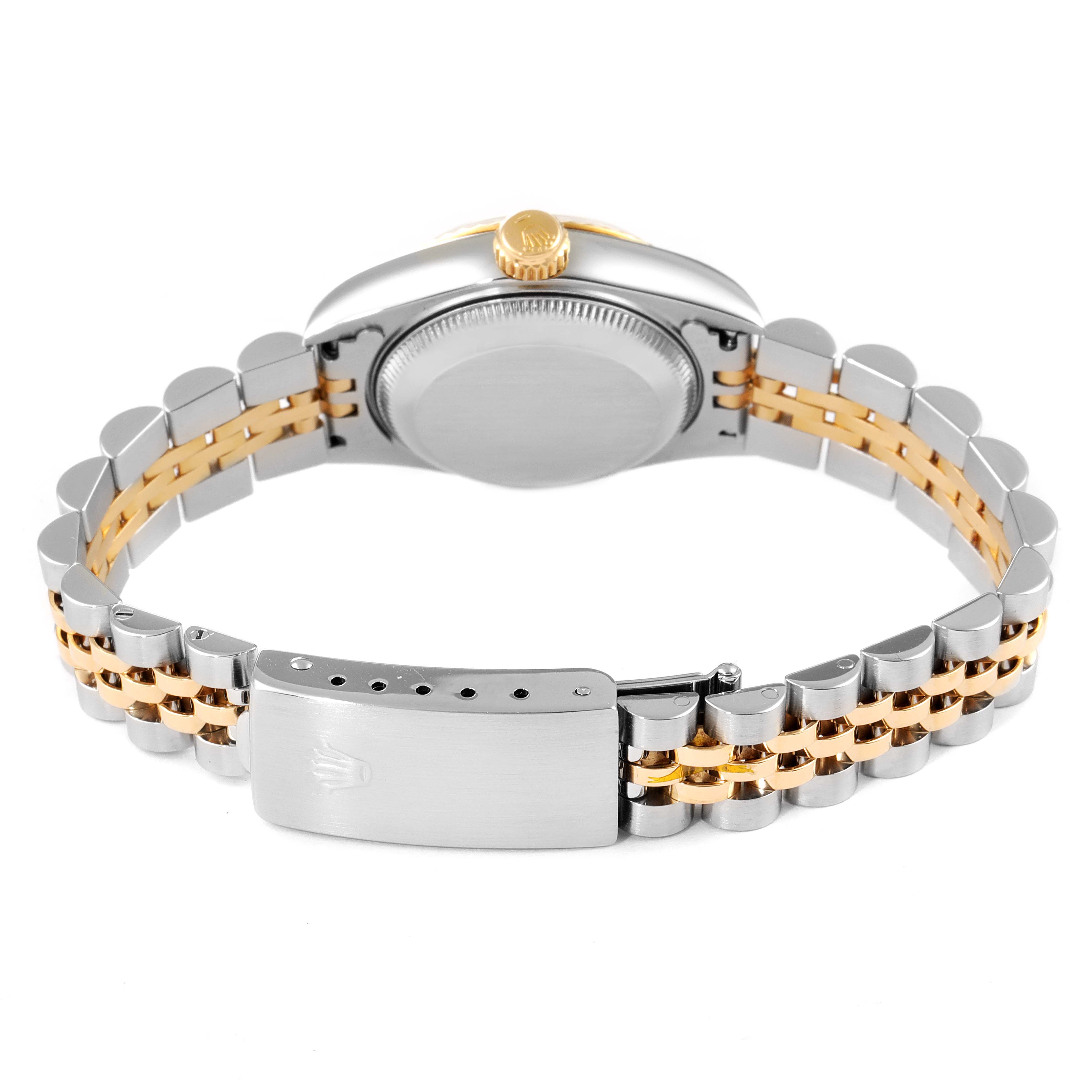 This image shows the back view of a Rolex Datejust 69173 Women's Steel and Gold (two tone) White Dial 69173 Women's Steel and Gold (two tone) White Dial watch, highlighting the clasp, bracelet, and case back.