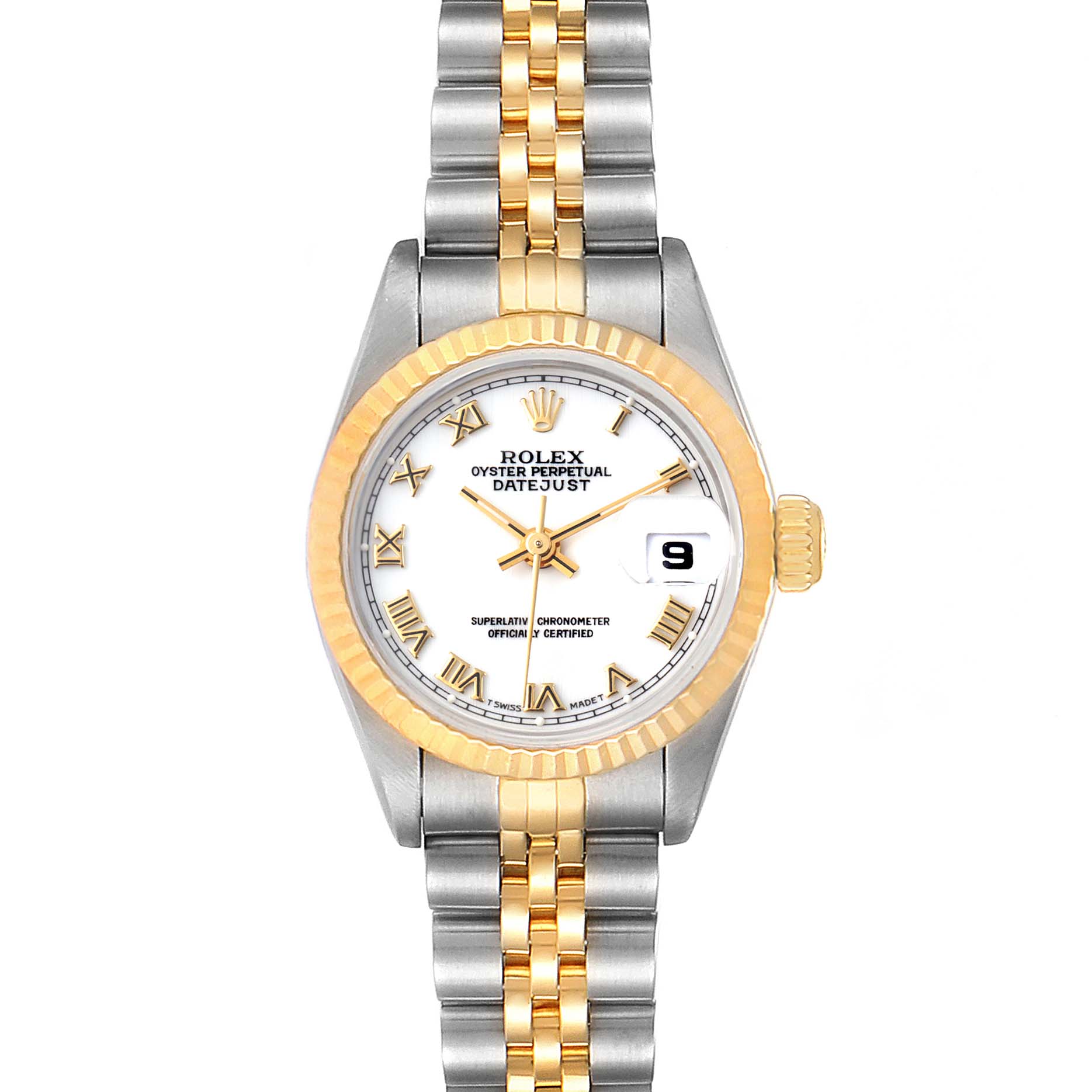 This image shows a front view of a Rolex Datejust 69173 Women's Steel and Gold (two tone) White Dial 69173 Women's Steel and Gold (two tone) White Dial watch, highlighting the dial, bezel, crown, and two-tone bracelet.