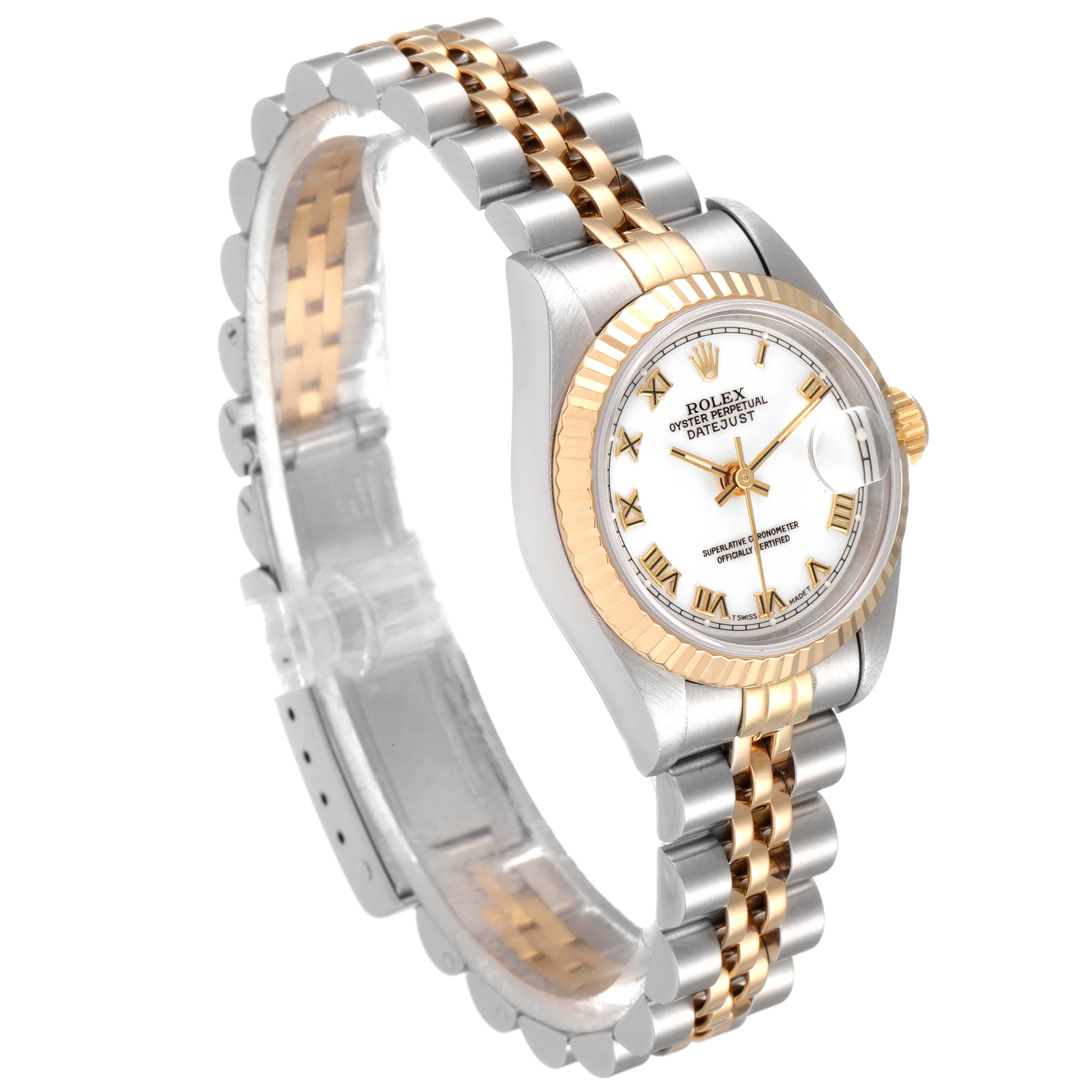 This image shows a Rolex Datejust 69173 Women's Steel and Gold (two tone) White Dial 69173 Women's Steel and Gold (two tone) White Dial model watch from an angled view, highlighting the face, bezel, and two-tone bracelet.