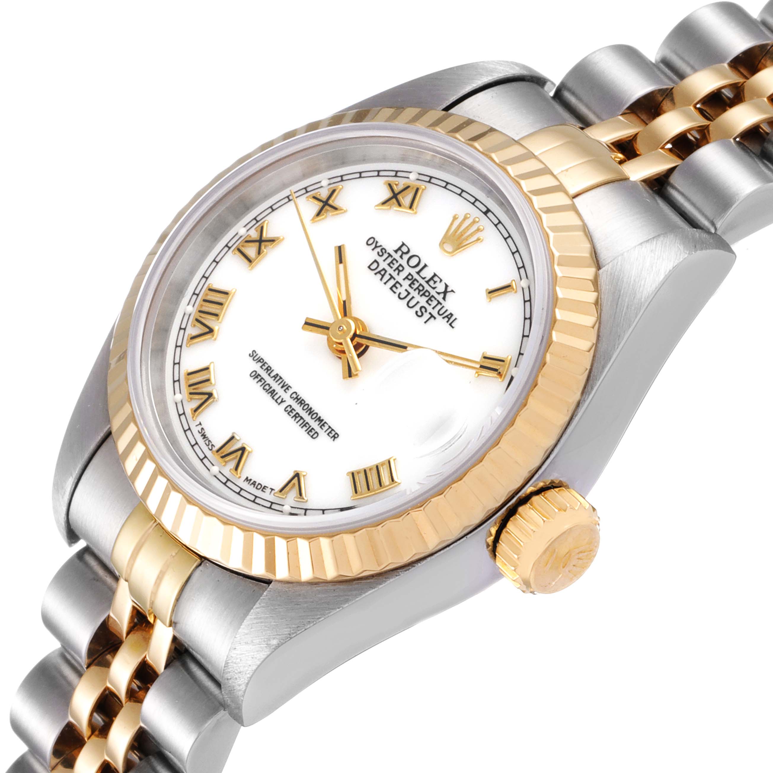 The image shows a Rolex Datejust 69173 Women's Steel and Gold (two tone) White Dial 69173 Women's Steel and Gold (two tone) White Dial watch at an angled view, highlighting the dial, bezel, crown, and part of the bracelet.