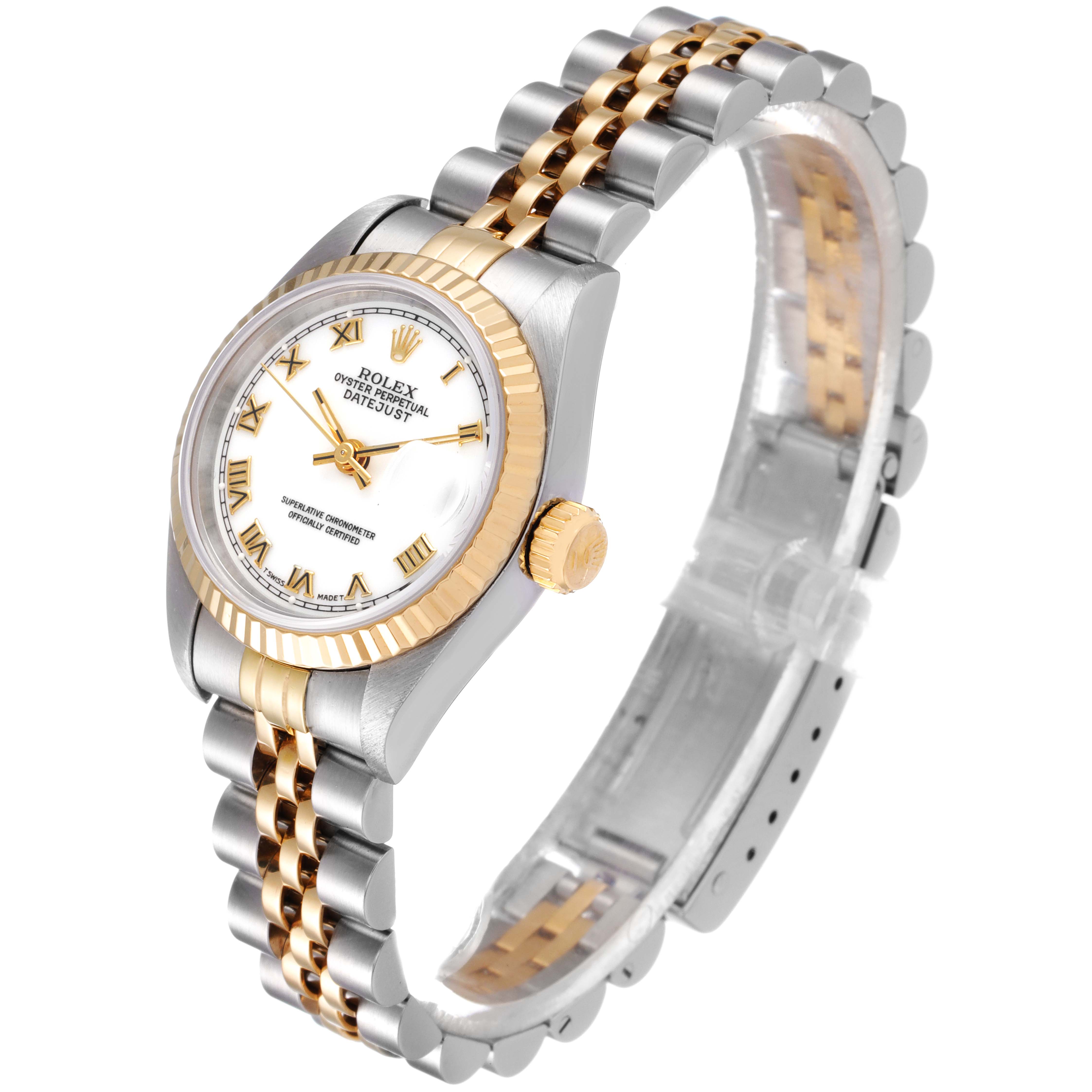The Rolex Datejust 69173 Women's Steel and Gold (two tone) White Dial 69173 Women's Steel and Gold (two tone) White Dial watch is shown at an angled side view, highlighting the face, bezel, crown, and two-tone bracelet.