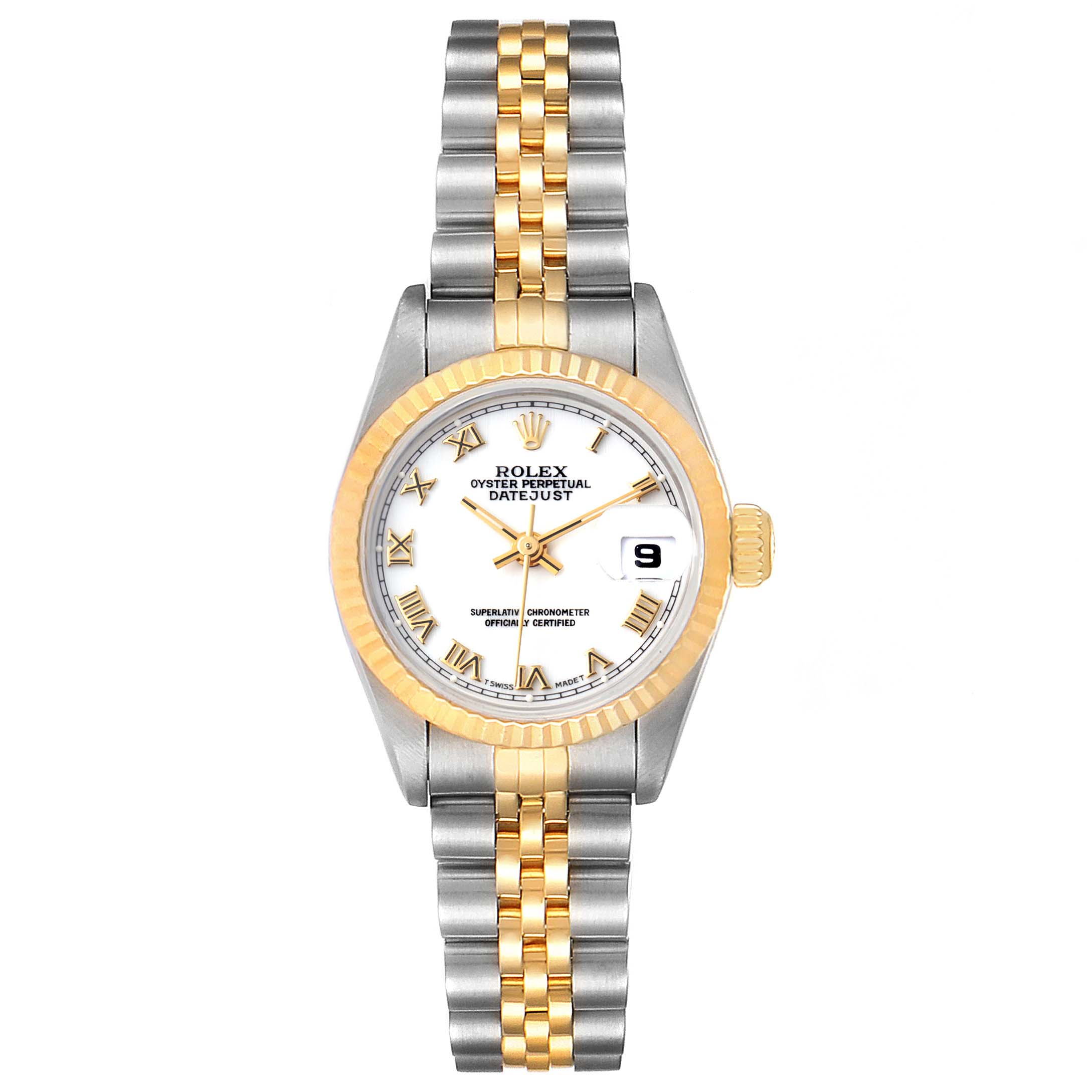 The image shows a front view of a Rolex Datejust 69173 Women's Steel and Gold (two tone) White Dial 69173 Women's Steel and Gold (two tone) White Dial watch, featuring its dial, bezel, and two-tone bracelet.