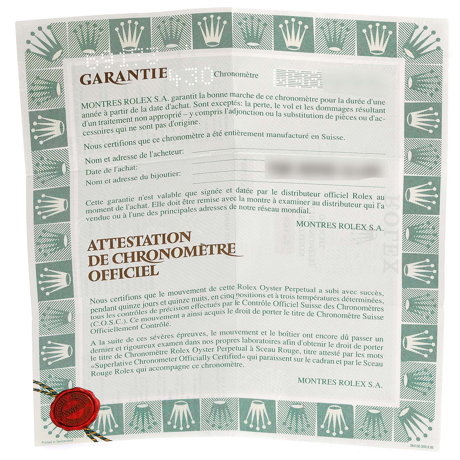 This image shows a warranty certificate and official chronometer attestation for a Rolex Datejust 69173 Women's Steel and Gold (two tone) White Dial 69173 Women's Steel and Gold (two tone) White Dial watch.