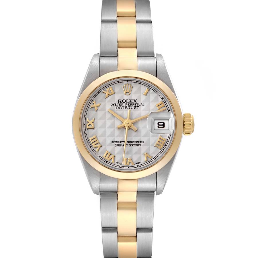 The Rolex Datejust watch is shown from a front angle, highlighting the dial, bezel, and two-tone bracelet.