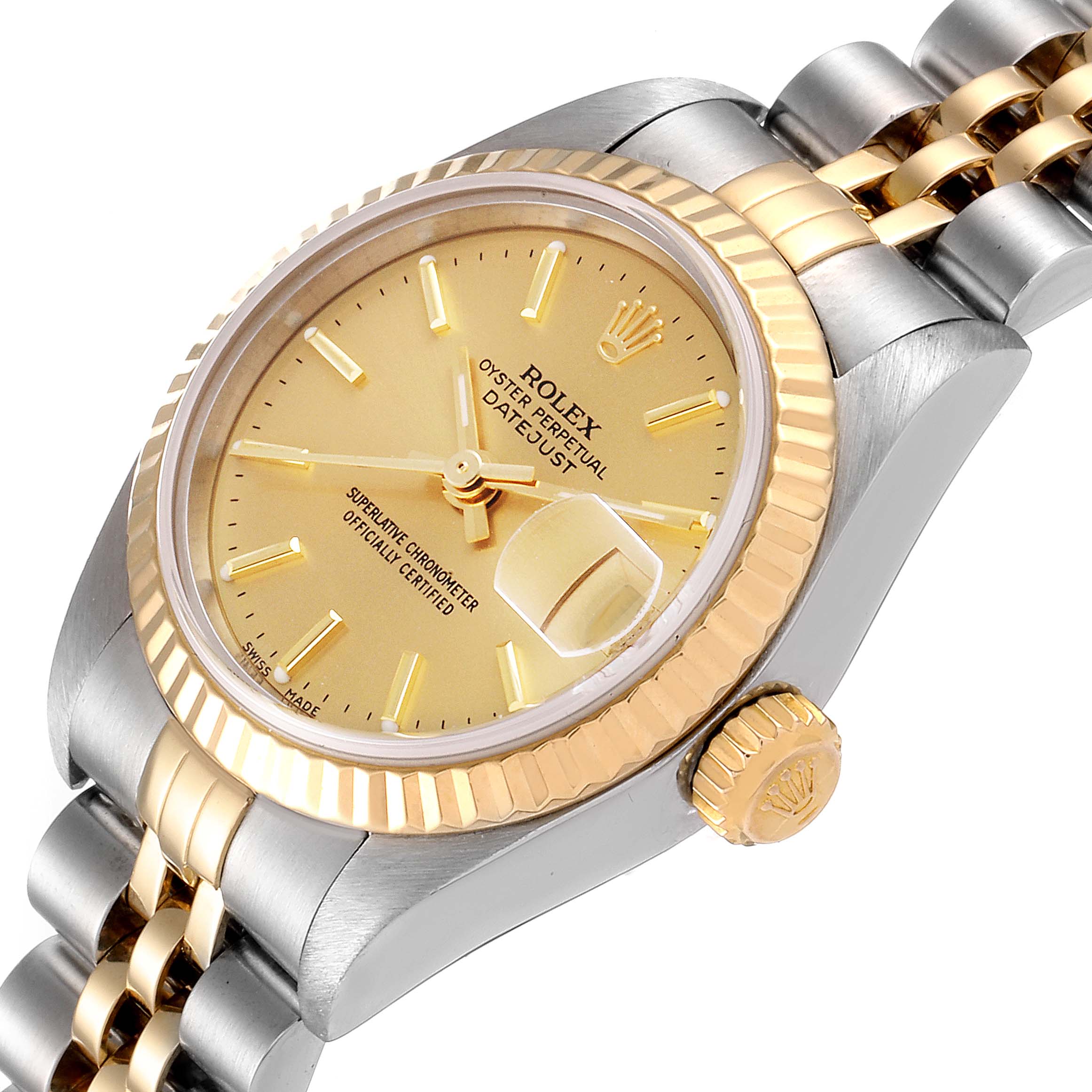 This image shows a Rolex Datejust 79173 Women
s Steel and Gold (two tone) Champagne Dial 79173 Women
s Steel and Gold (two tone) Champagne Dial watch at an angled view, highlighting the dial, crown, bezel, and part of the bracelet.