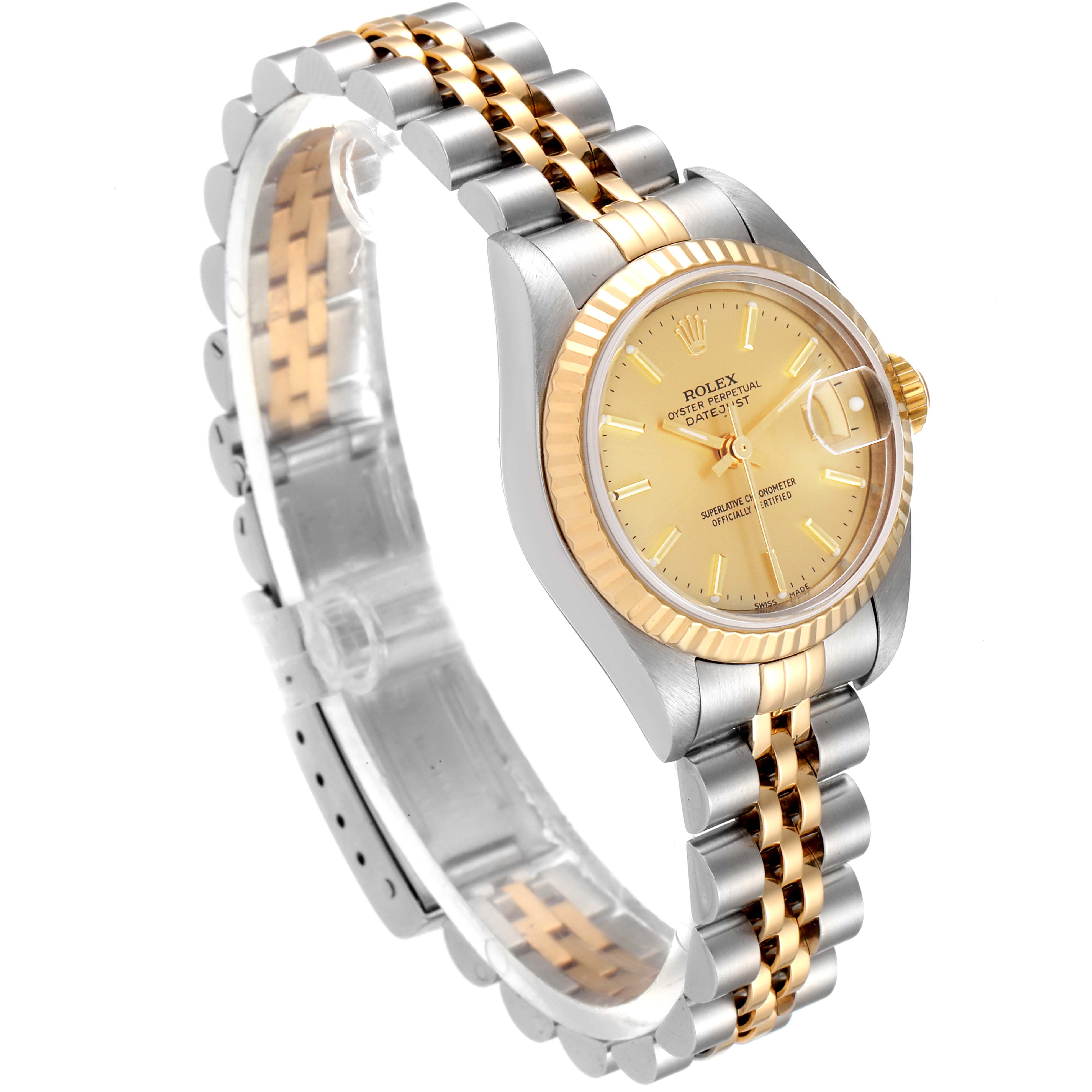 The image features a Rolex Datejust 79173 Women
s Steel and Gold (two tone) Champagne Dial 79173 Women
s Steel and Gold (two tone) Champagne Dial watch shown at a three-quarter angle, displaying the dial, fluted bezel, and two-tone bracelet.