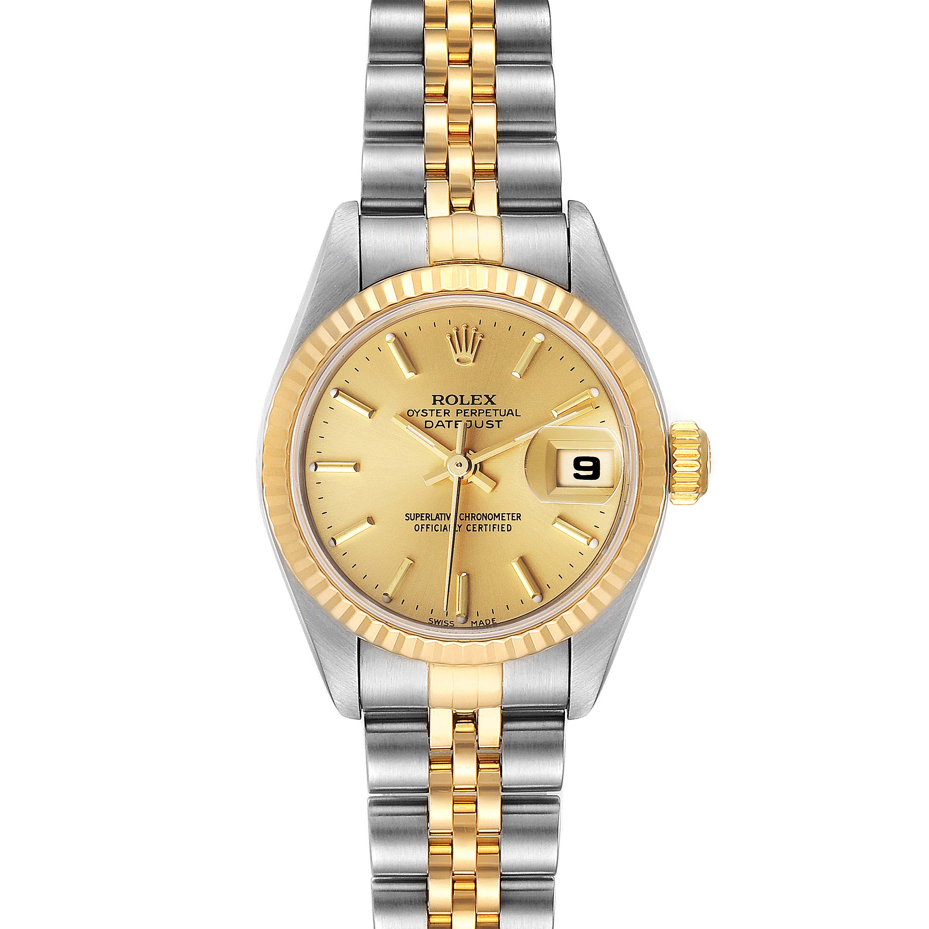 The image shows a front view of a Rolex Datejust 79173 Women
s Steel and Gold (two tone) Champagne Dial 79173 Women
s Steel and Gold (two tone) Champagne Dial watch, highlighting its dial, bezel, case, and bracelet.