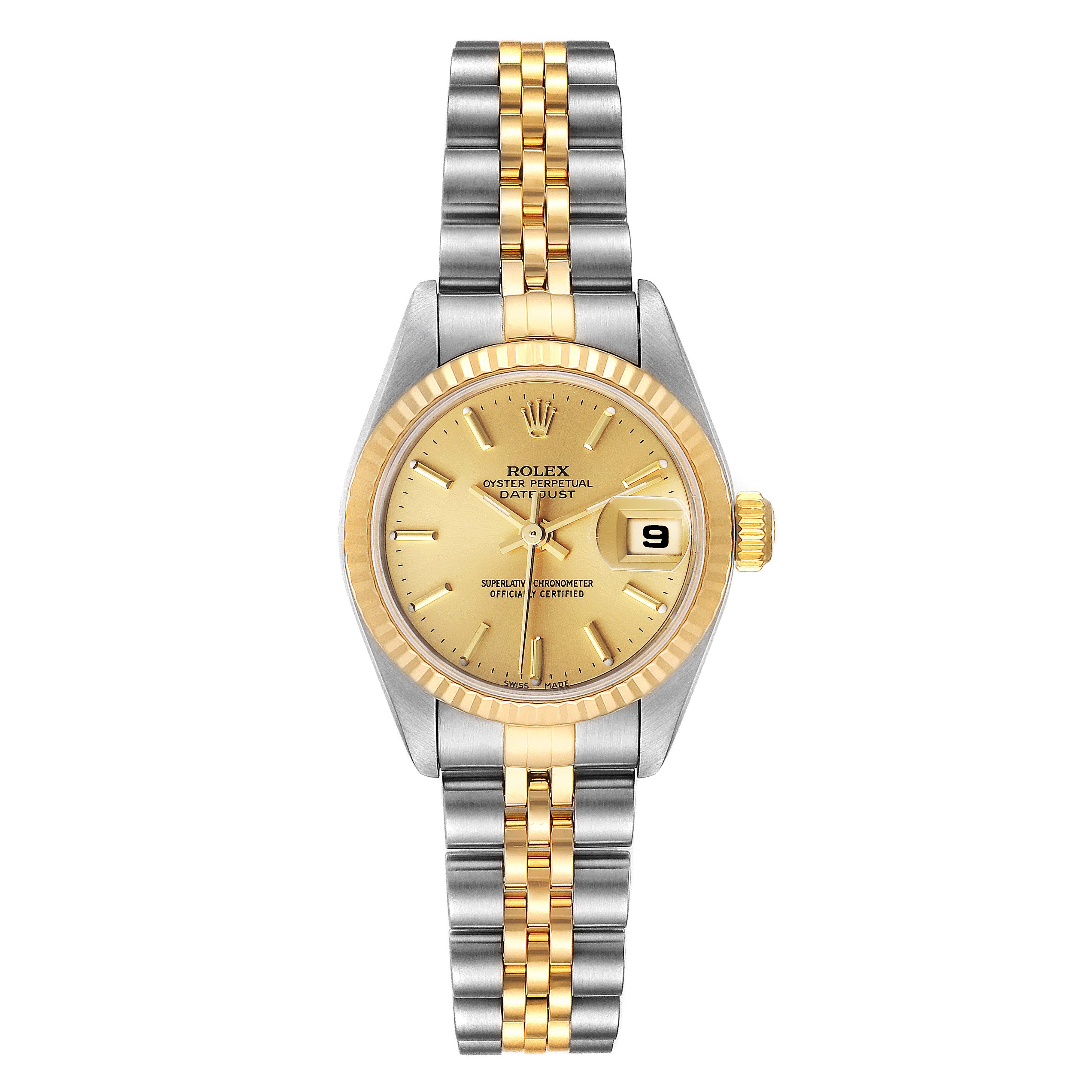 The image shows a Rolex Datejust 79173 Women
s Steel and Gold (two tone) Champagne Dial 79173 Women
s Steel and Gold (two tone) Champagne Dial watch from a front angle, featuring a two-tone bracelet, gold dial, and fluted bezel.
