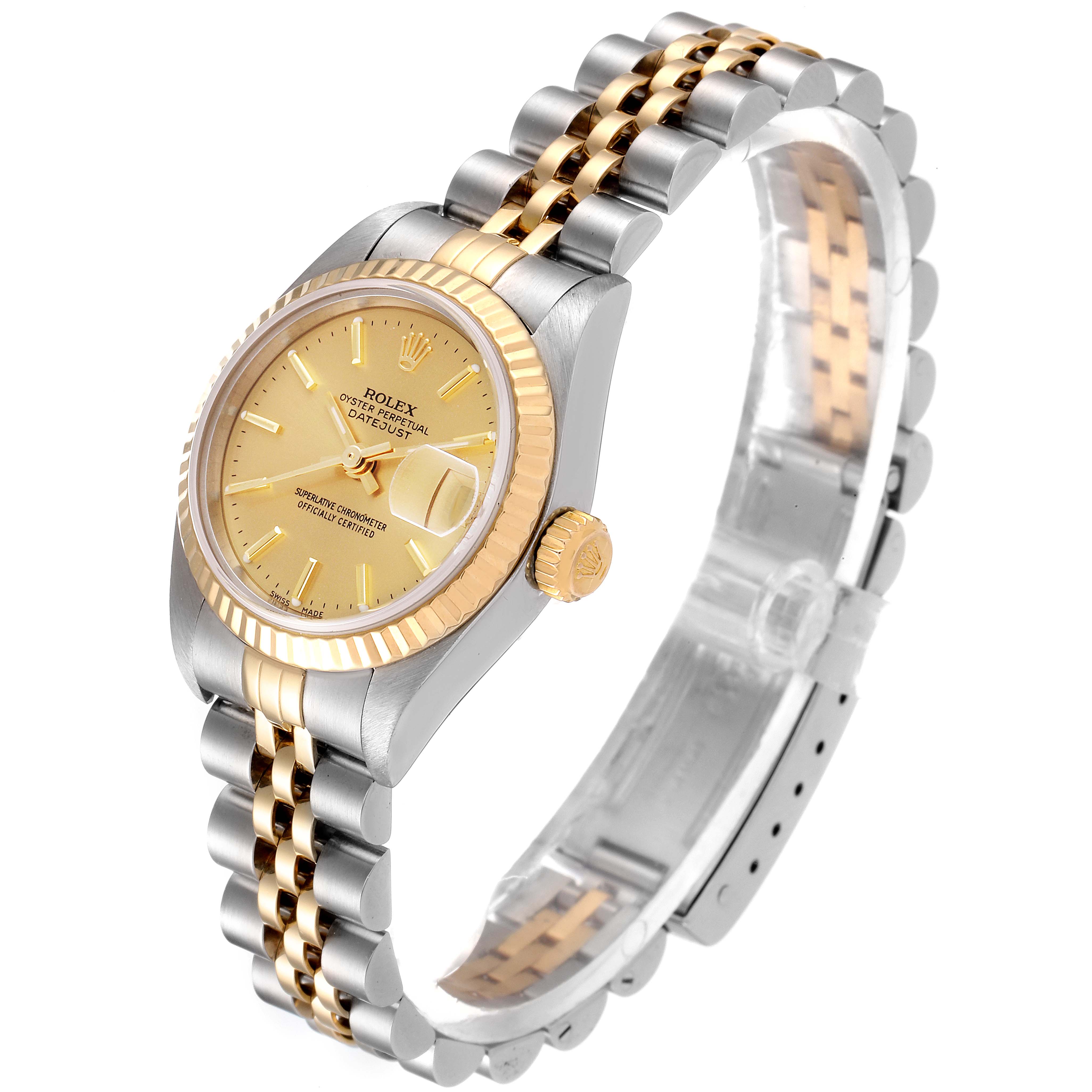 The image showcases a Rolex Datejust 79173 Women
s Steel and Gold (two tone) Champagne Dial 79173 Women
s Steel and Gold (two tone) Champagne Dial watch at a slight angle, highlighting its gold and silver Jubilee bracelet and fluted bezel.