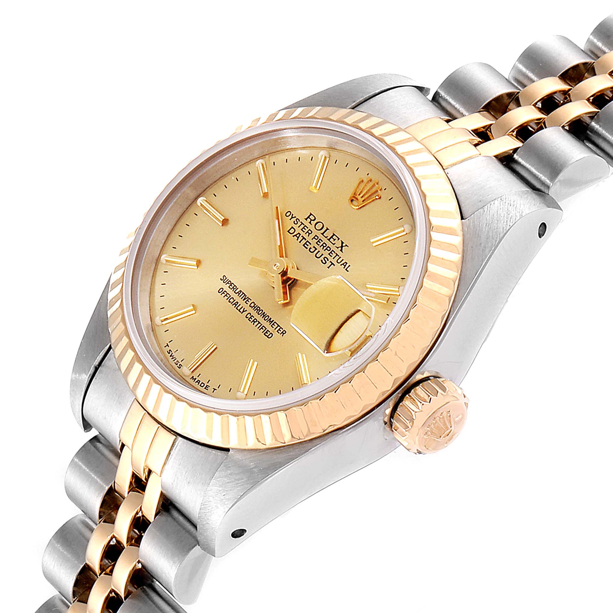This image shows a Rolex Datejust 69173  Women
s Steel and Gold (two tone) Champagne Dial 69173  Women
s Steel and Gold (two tone) Champagne Dial watch at an angle highlighting its dial, bezel, crown, and part of the bracelet.