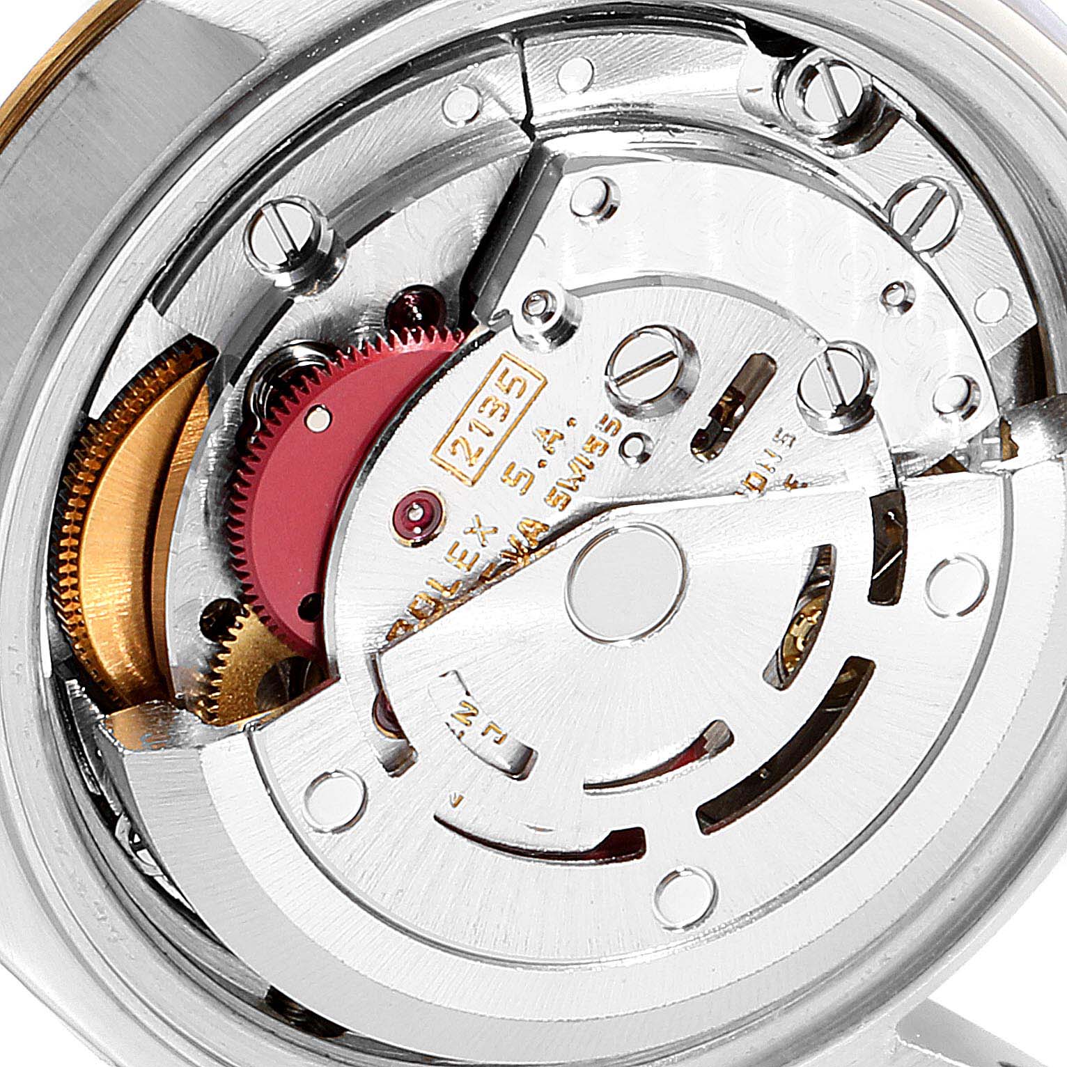 This image shows the detailed inner mechanism and movement components of a Rolex Datejust 69173  Women
s Steel and Gold (two tone) Champagne Dial 69173  Women
s Steel and Gold (two tone) Champagne Dial watch.