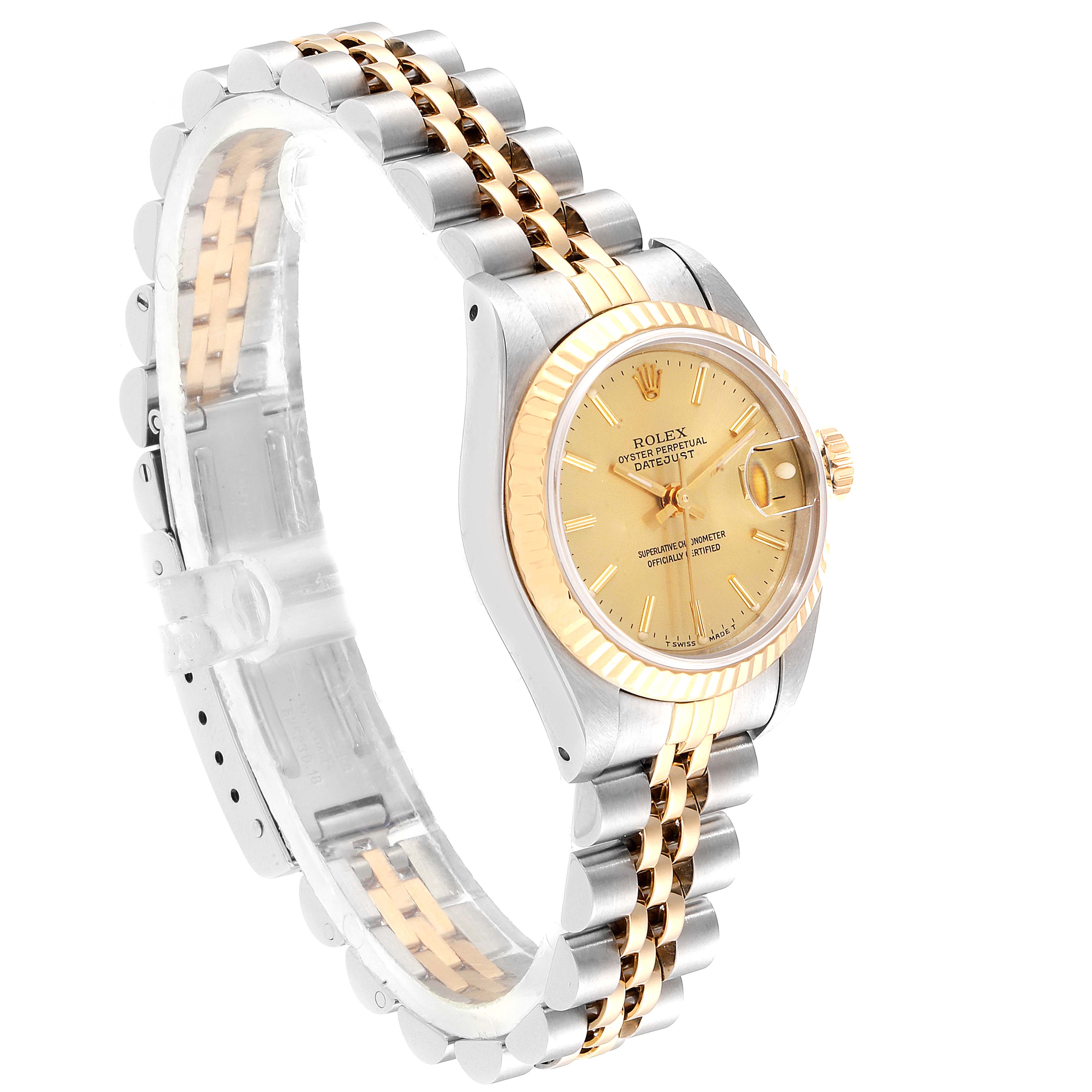 The image shows a Rolex Datejust 69173  Women
s Steel and Gold (two tone) Champagne Dial 69173  Women
s Steel and Gold (two tone) Champagne Dial watch at a side angle, highlighting its two-tone bracelet, gold dial, and fluted bezel.