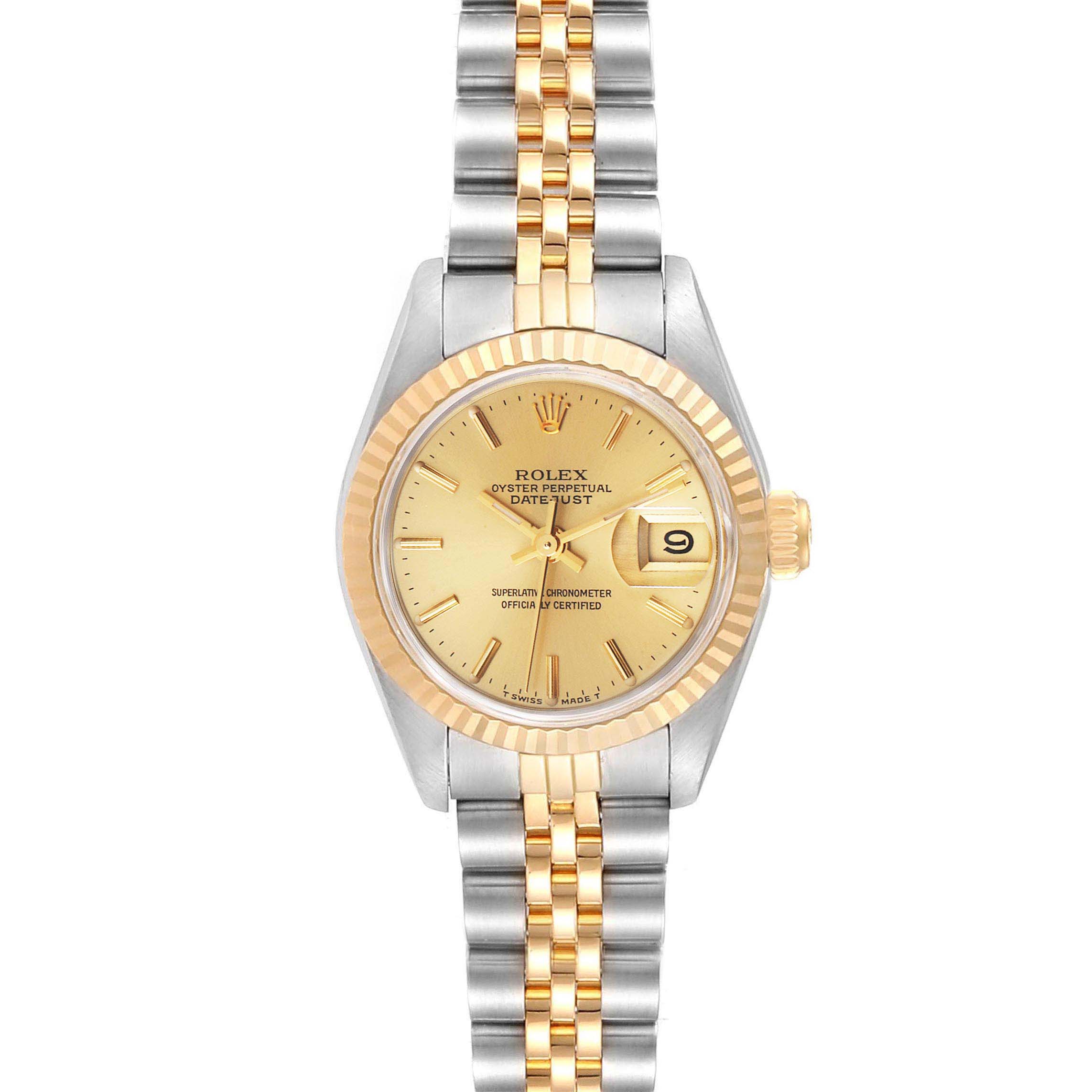 The image shows a frontal view of the Rolex Datejust 69173  Women
s Steel and Gold (two tone) Champagne Dial 69173  Women
s Steel and Gold (two tone) Champagne Dial watch, highlighting the dial, bezel, and bracelet.