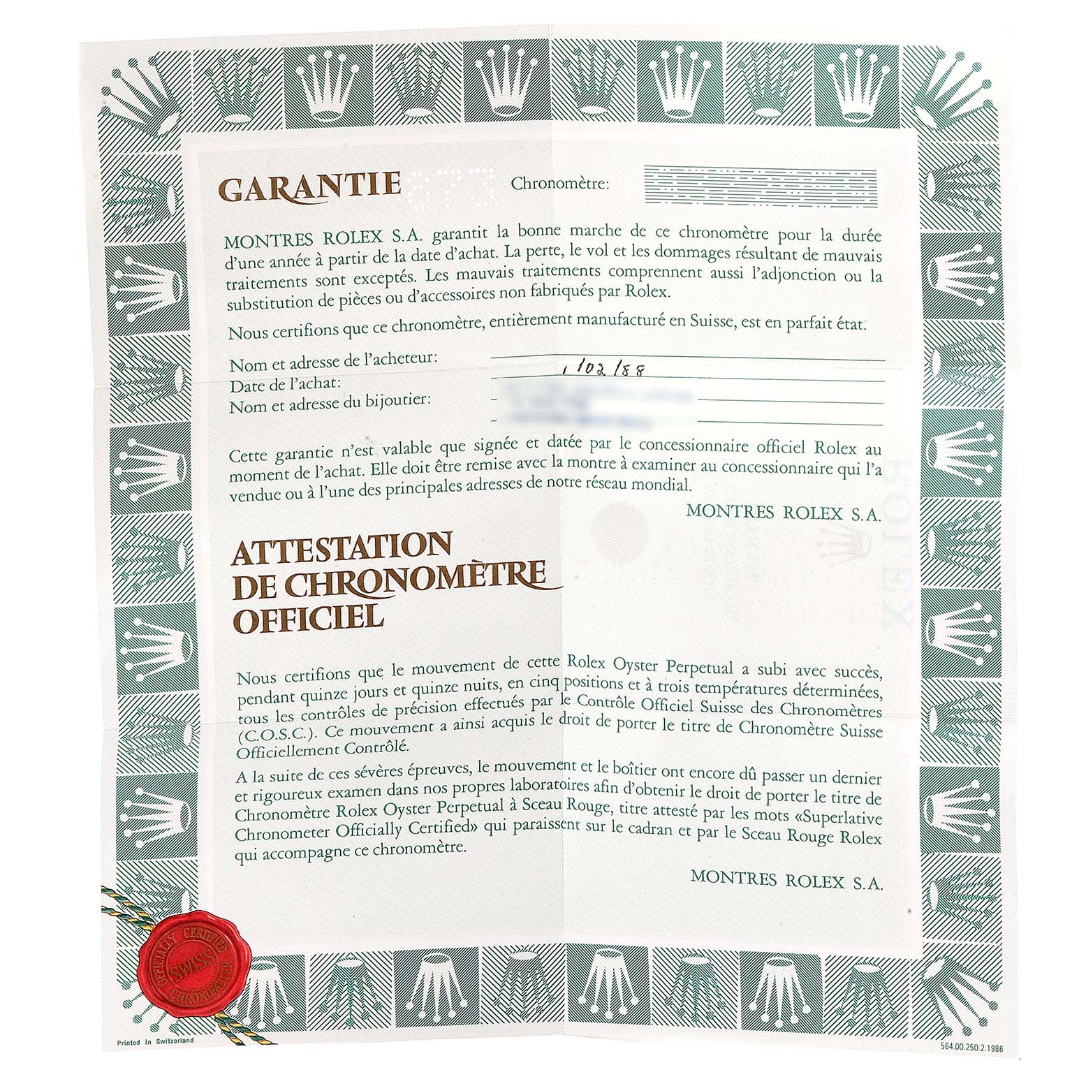 The image shows a Rolex guarantee and chronometer certificate for the Rolex Datejust 69173  Women
s Steel and Gold (two tone) Champagne Dial 69173  Women
s Steel and Gold (two tone) Champagne Dial model.