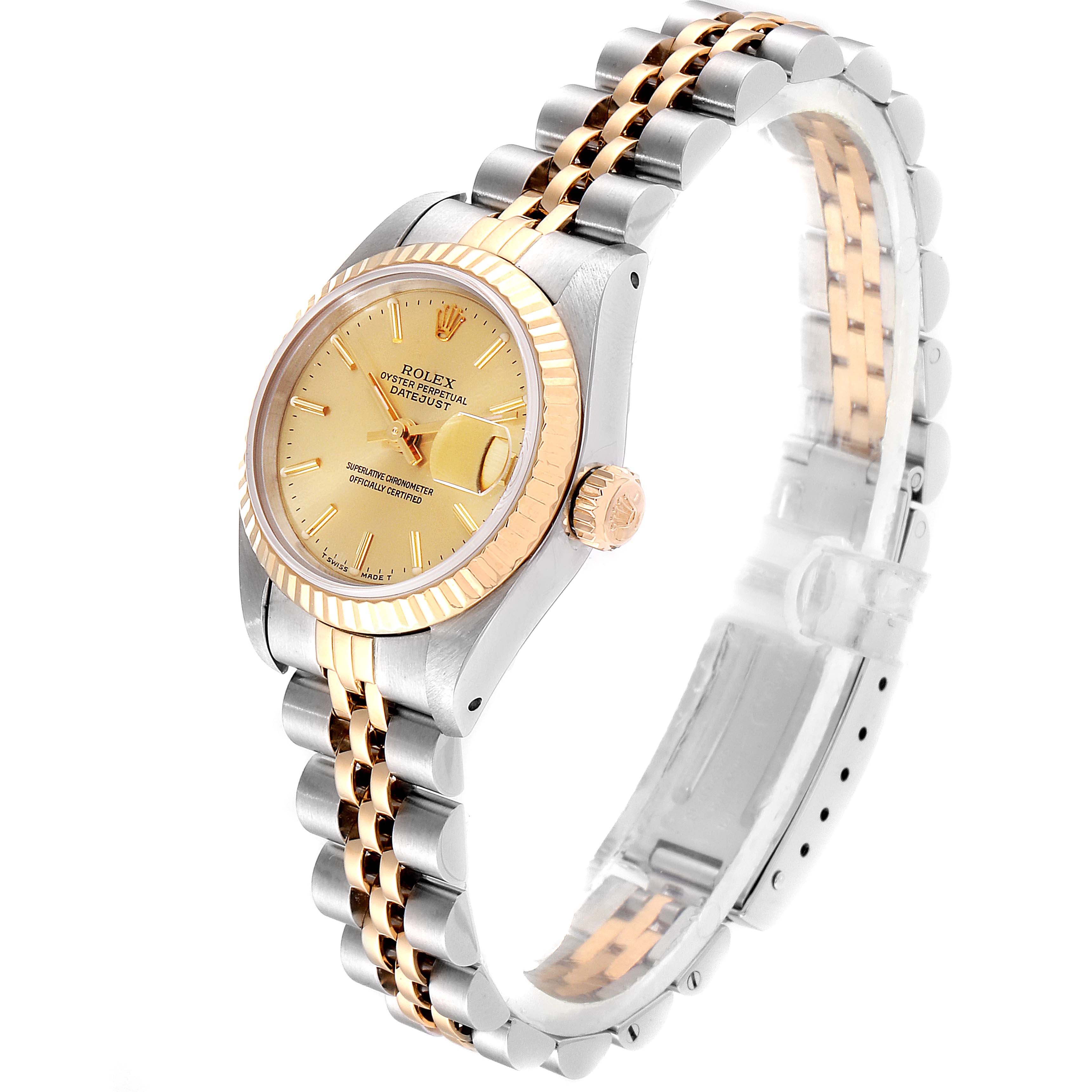 The image shows a side angle of a Rolex Datejust 69173  Women
s Steel and Gold (two tone) Champagne Dial 69173  Women
s Steel and Gold (two tone) Champagne Dial watch, highlighting its gold dial, fluted bezel, and two-tone bracelet.