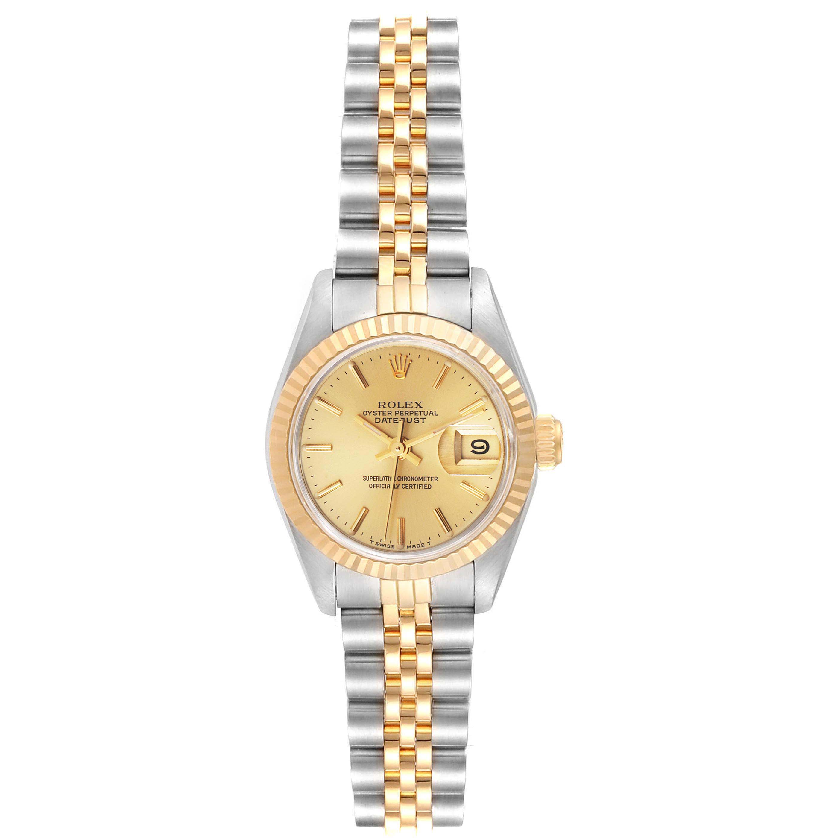 The image shows a front view of a Rolex Datejust 69173  Women
s Steel and Gold (two tone) Champagne Dial 69173  Women
s Steel and Gold (two tone) Champagne Dial watch, highlighting its gold dial, fluted bezel, and two-tone metal bracelet.