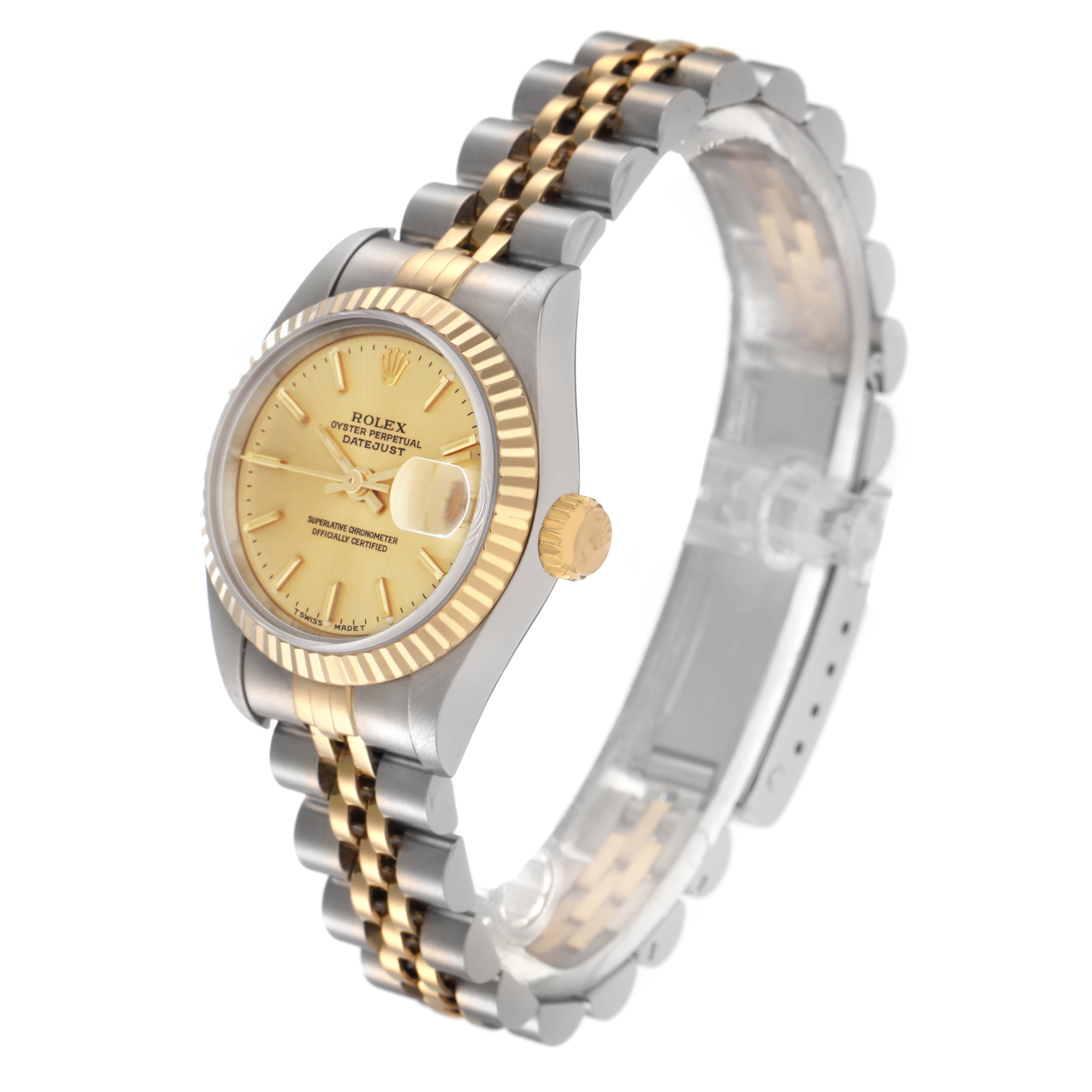 The Rolex Datejust 69173 Women
s Steel and Gold (two tone) Champagne Dial 69173 Women
s Steel and Gold (two tone) Champagne Dial is shown at a three-quarter angle, highlighting the bezel, crown, dial, and two-tone bracelet.