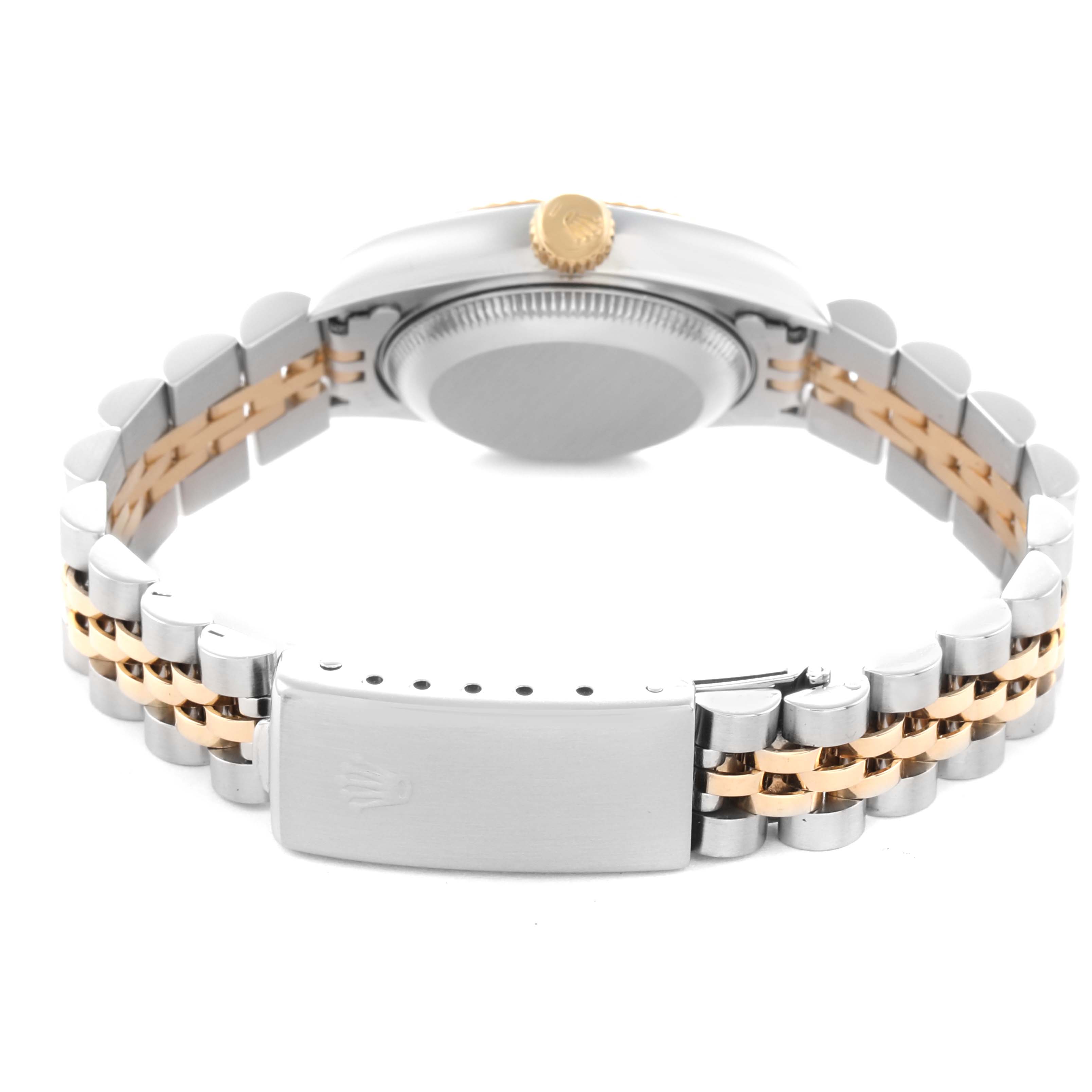 The photo shows the Rolex Datejust 69173 Women
s Steel and Gold (two tone) Champagne Dial 69173 Women
s Steel and Gold (two tone) Champagne Dial from the back, highlighting the bracelet and clasp.