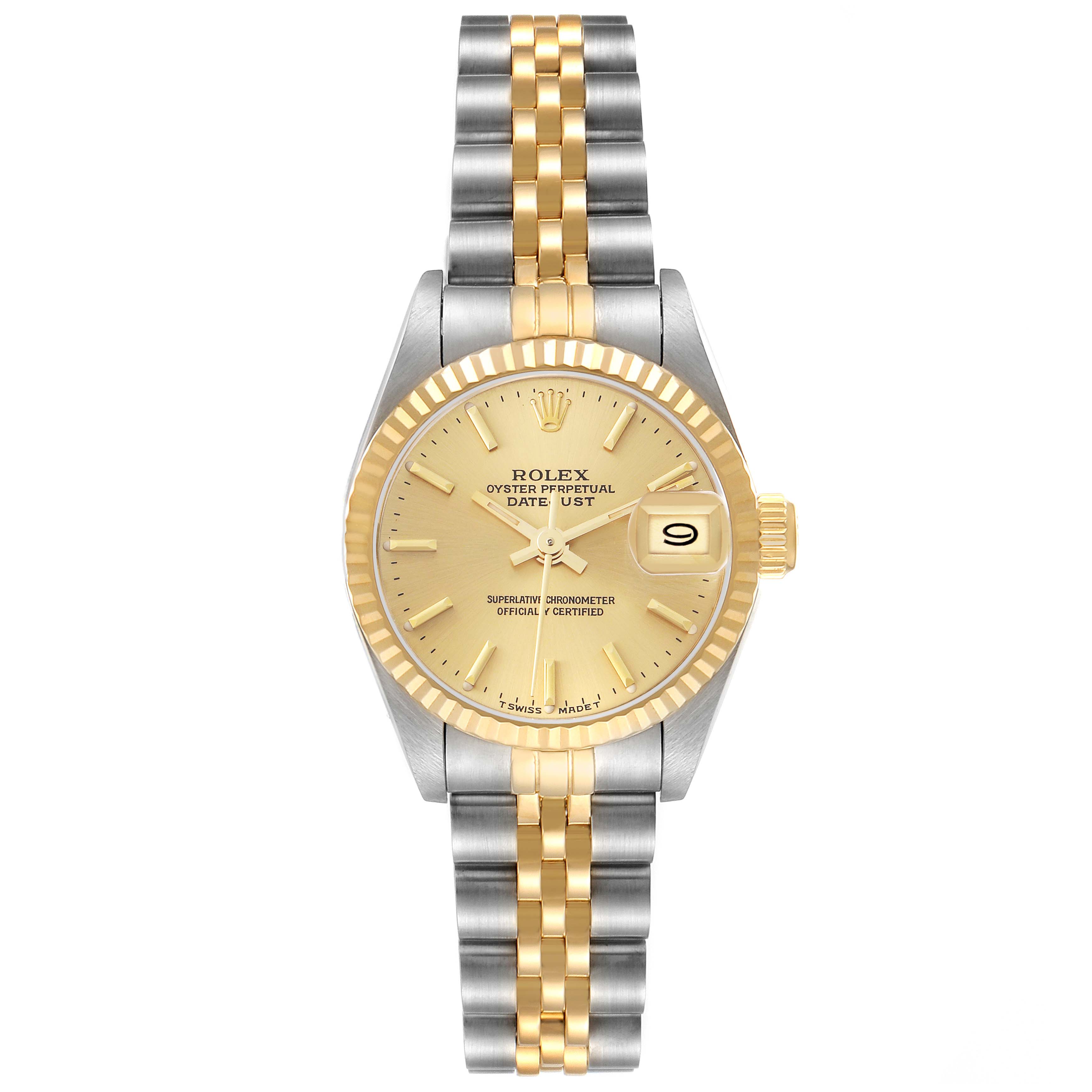 The Rolex Datejust 69173 Women
s Steel and Gold (two tone) Champagne Dial 69173 Women
s Steel and Gold (two tone) Champagne Dial watch is shown from a top-down angle, highlighting its two-tone bracelet, fluted bezel, and date feature.