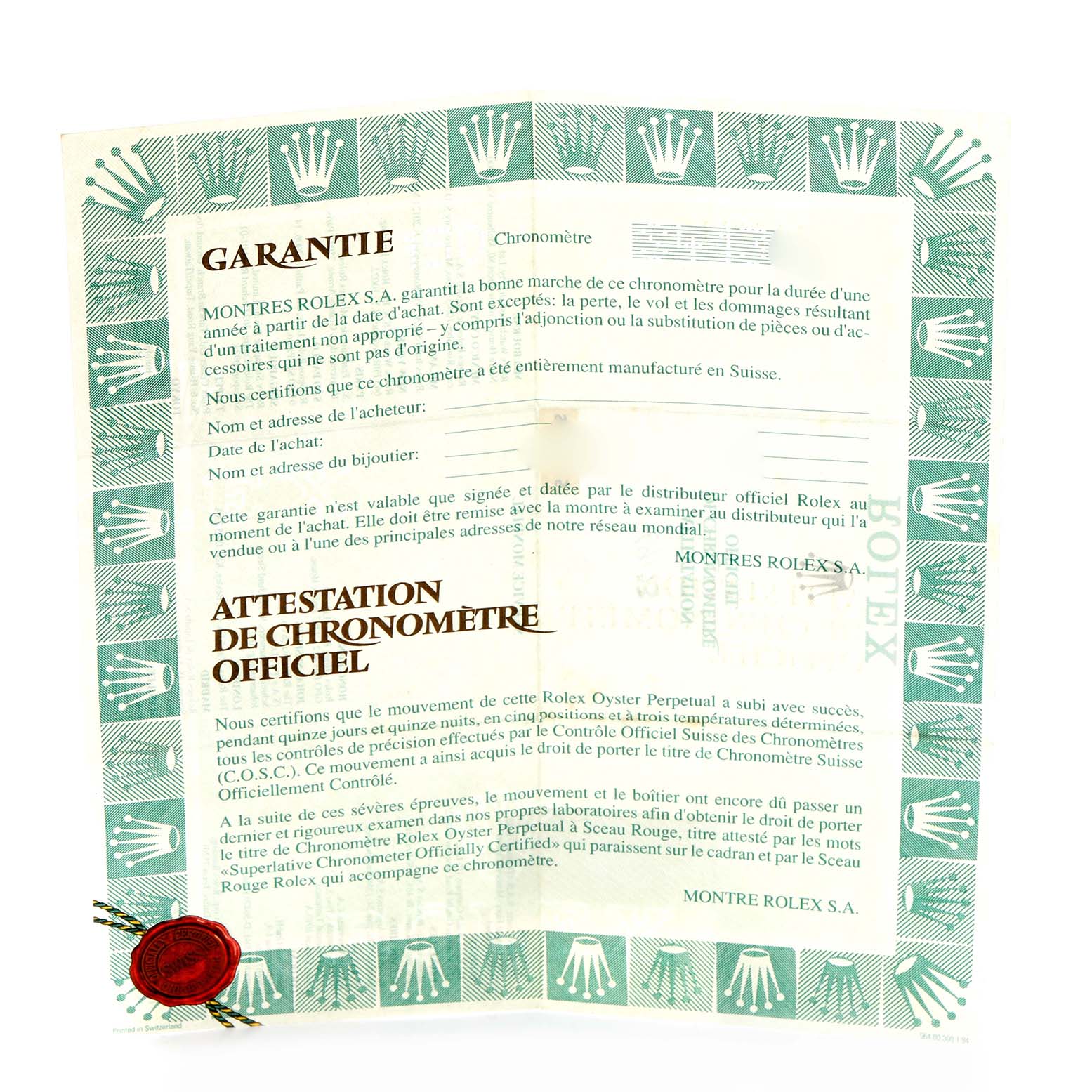 The image shows a warranty certificate for a Rolex Datejust 69173 Women
s Steel and Gold (two tone) Champagne Dial 69173 Women
s Steel and Gold (two tone) Champagne Dial, featuring logo patterns and text in French.