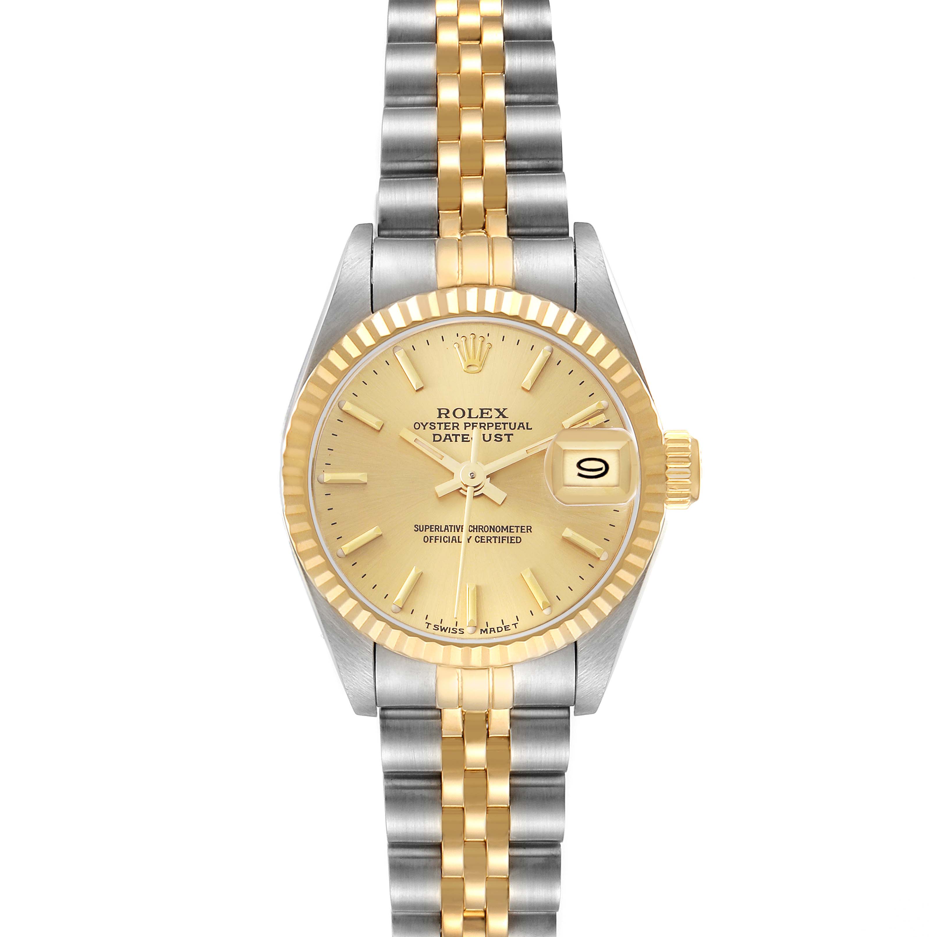 The Rolex Datejust 69173 Women
s Steel and Gold (two tone) Champagne Dial 69173 Women
s Steel and Gold (two tone) Champagne Dial watch is shown from the front, highlighting the gold dial, fluted bezel, two-tone bracelet, and date display.