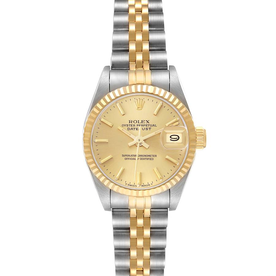 The Rolex Datejust watch is shown from the front, highlighting the gold dial, fluted bezel, two-tone bracelet, and date display.