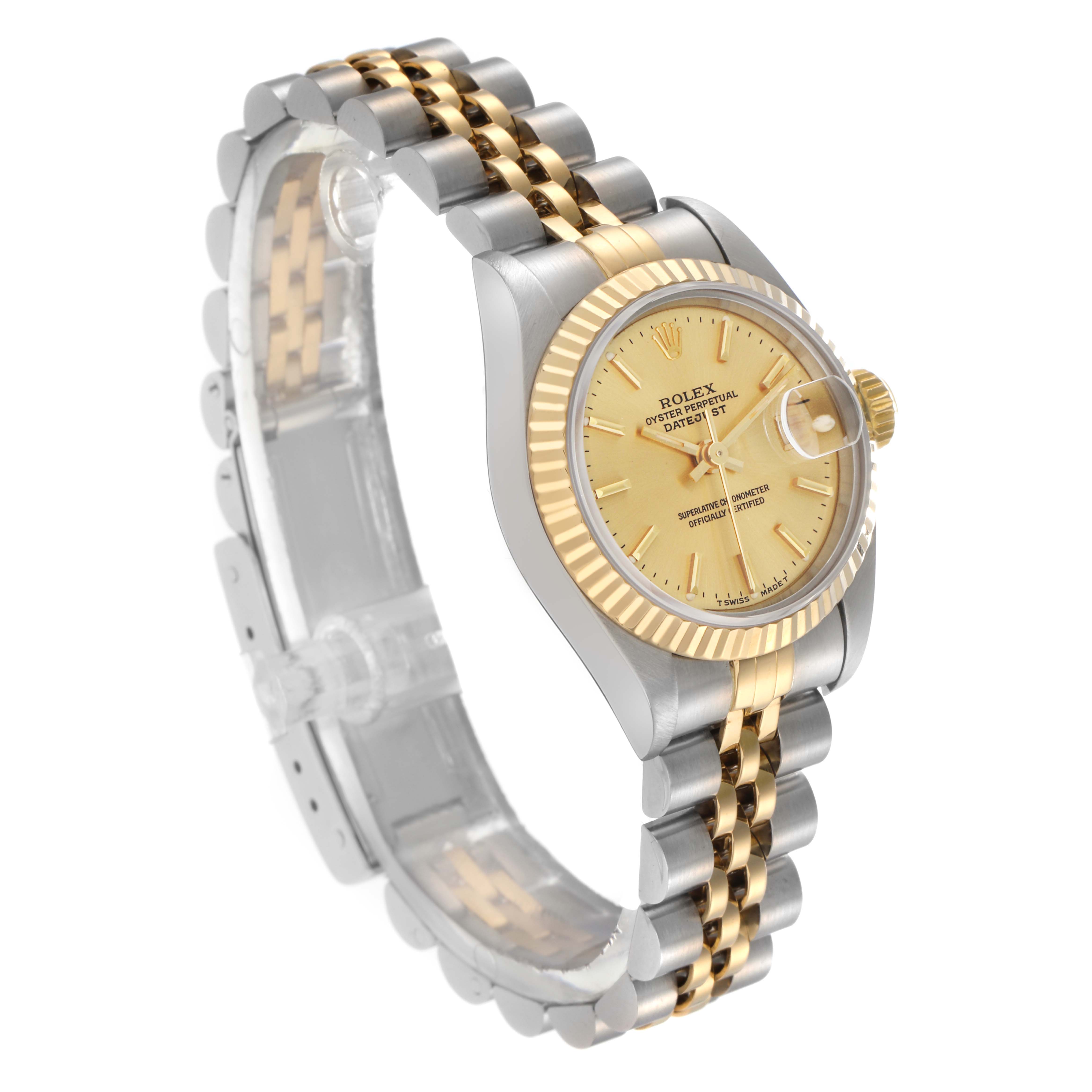 The Rolex Datejust 69173 Women
s Steel and Gold (two tone) Champagne Dial 69173 Women
s Steel and Gold (two tone) Champagne Dial watch is shown at an angle highlighting its gold dial, bezel, two-tone bracelet, and cyclops lens.