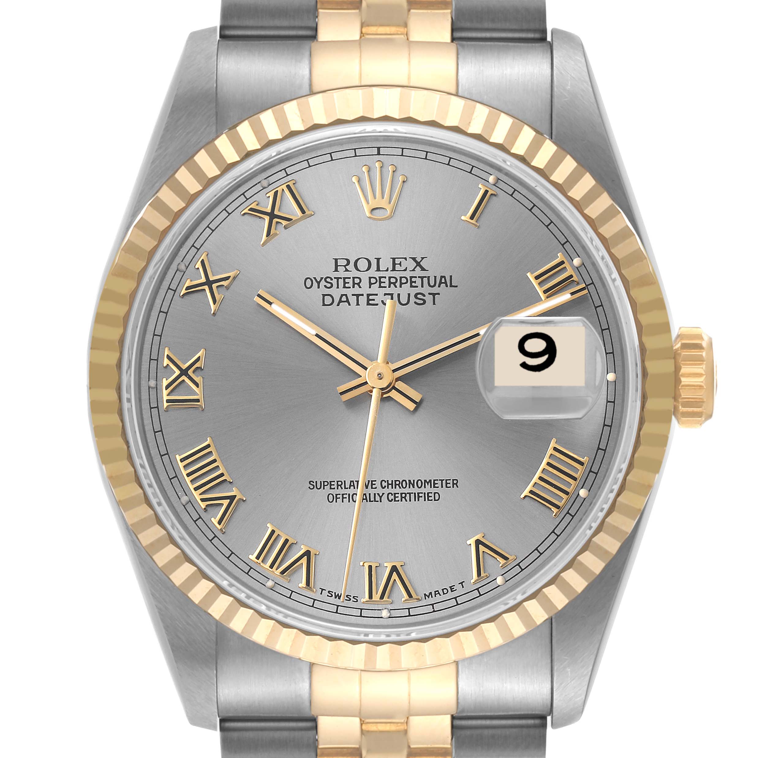 This image shows a front view of the Rolex Datejust 16233 Men's Steel and Gold (two tone) Grey Dial 16233 Men's Steel and Gold (two tone) Grey Dial watch, including the dial, bezel, crown, and part of the bracelet.