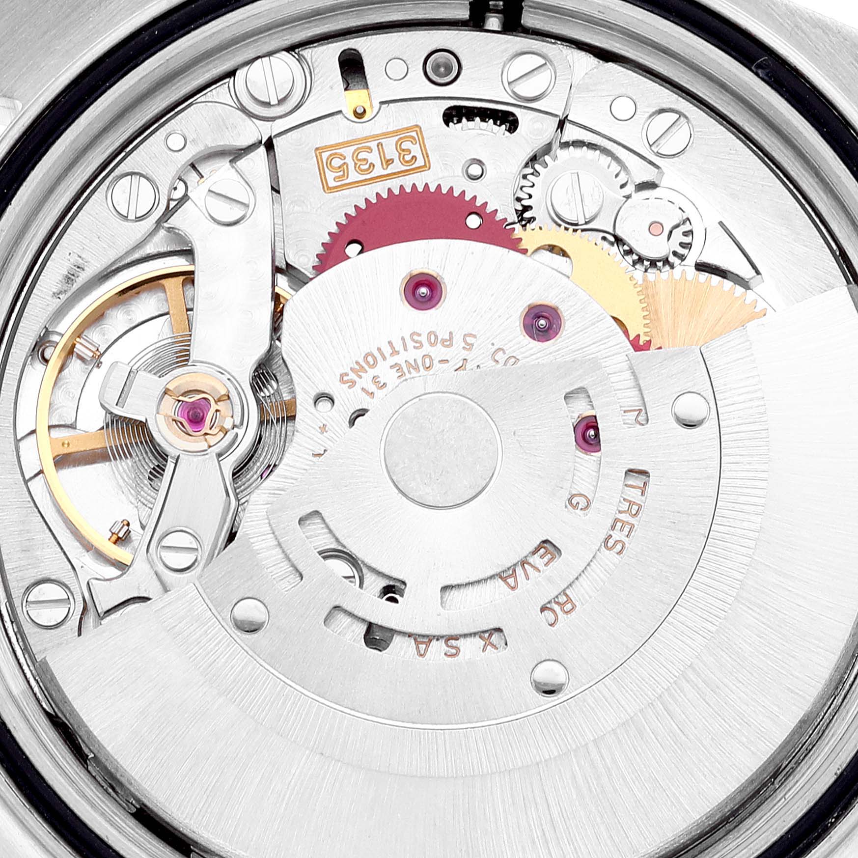 This image shows the intricate inner mechanism of a Rolex Datejust 16233 Men's Steel and Gold (two tone) Grey Dial 16233 Men's Steel and Gold (two tone) Grey Dial watch, highlighting the movement and gears.