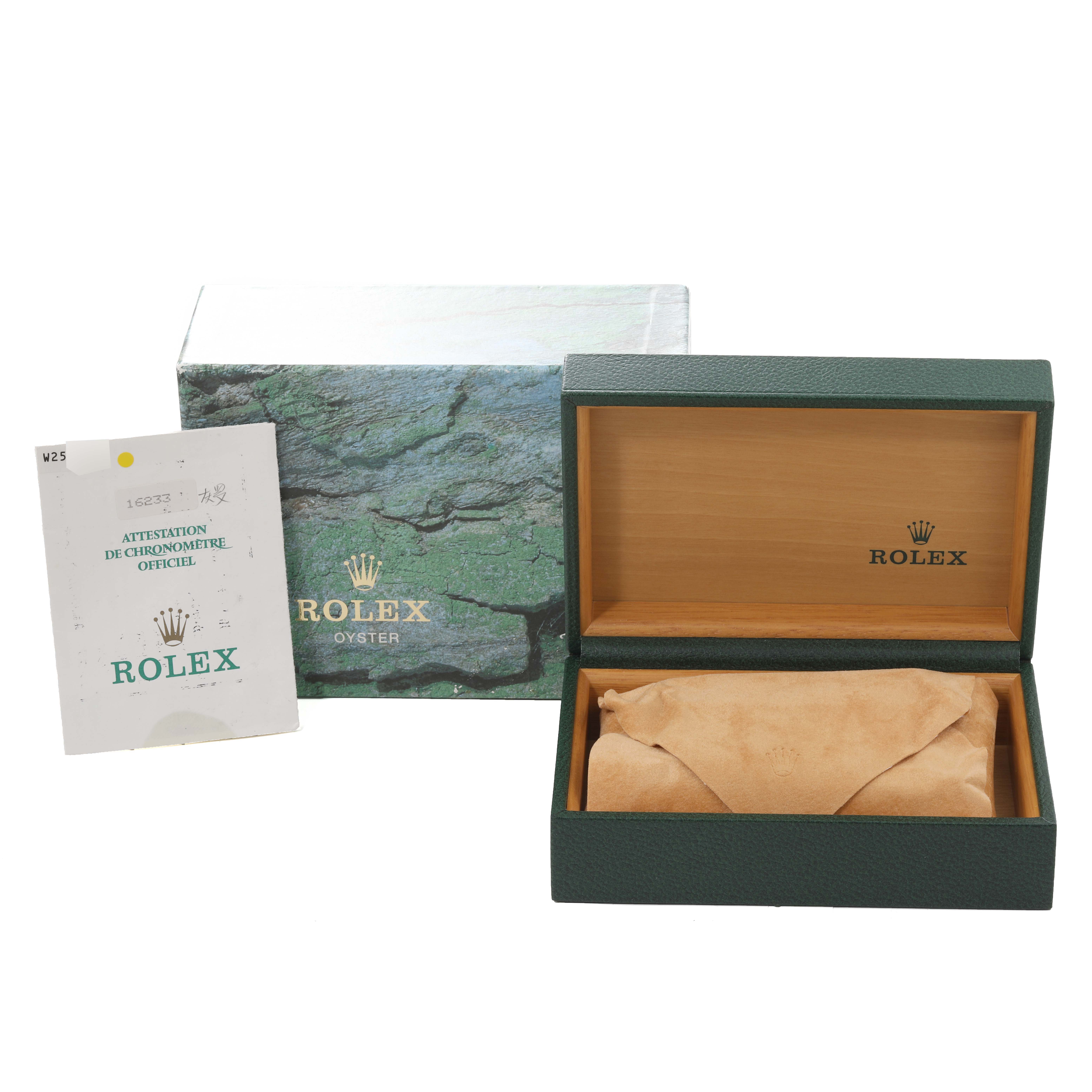 The image shows a Rolex Datejust 16233 Men's Steel and Gold (two tone) Grey Dial 16233 Men's Steel and Gold (two tone) Grey Dial watch box with a certificate, outer box, and inner lining, viewed from the front.