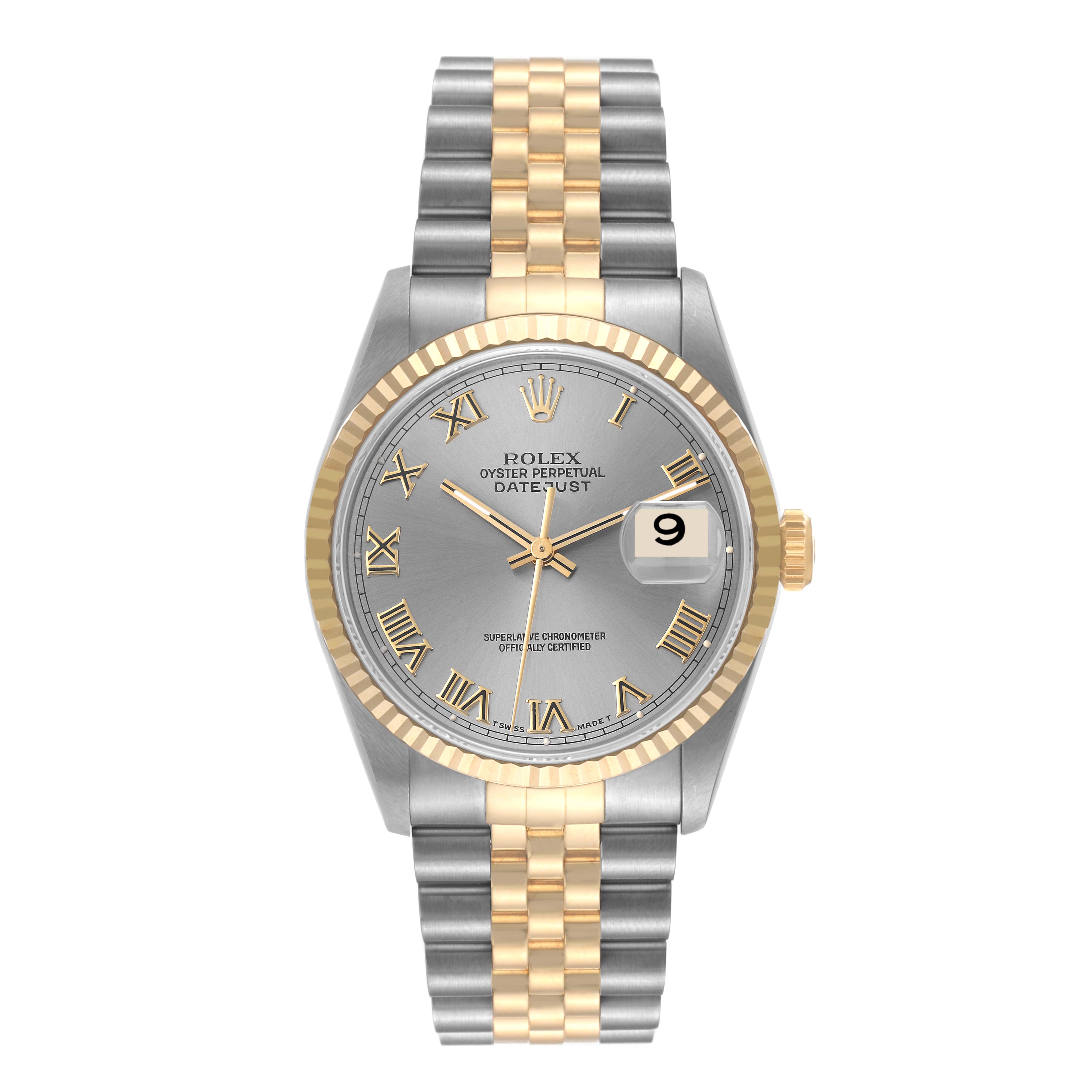 This Rolex Datejust 16233 Men's Steel and Gold (two tone) Grey Dial 16233 Men's Steel and Gold (two tone) Grey Dial watch is shown from a top-down angle, displaying its face, bezel, and bracelet.